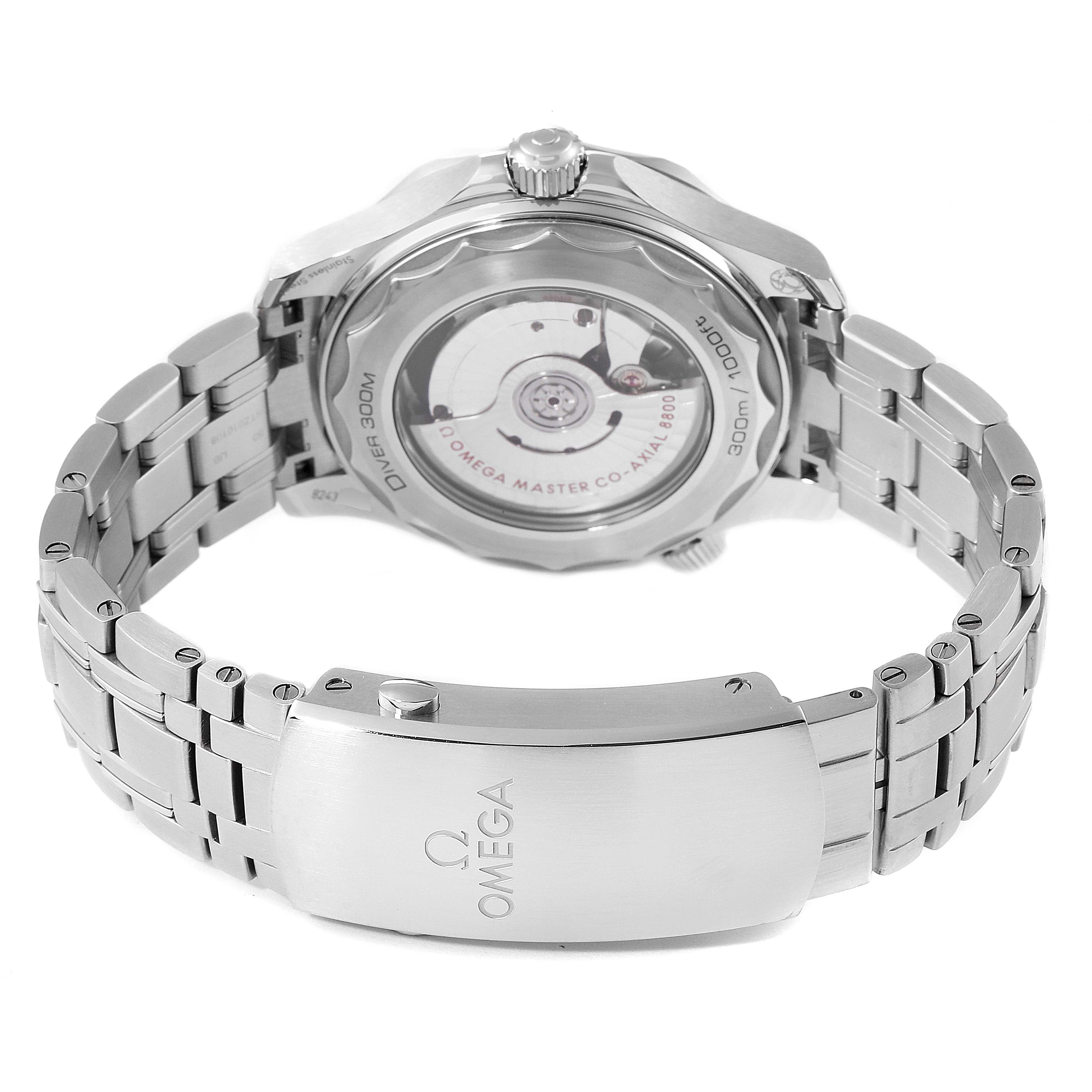 The image shows the back view of an Omega Seamaster 210.30.42.20.06.001 Men
s Stainless Steel Grey Dial 210.30.42.20.06.001 Men
s Stainless Steel Grey Dial watch, displaying its open case back and metal bracelet.