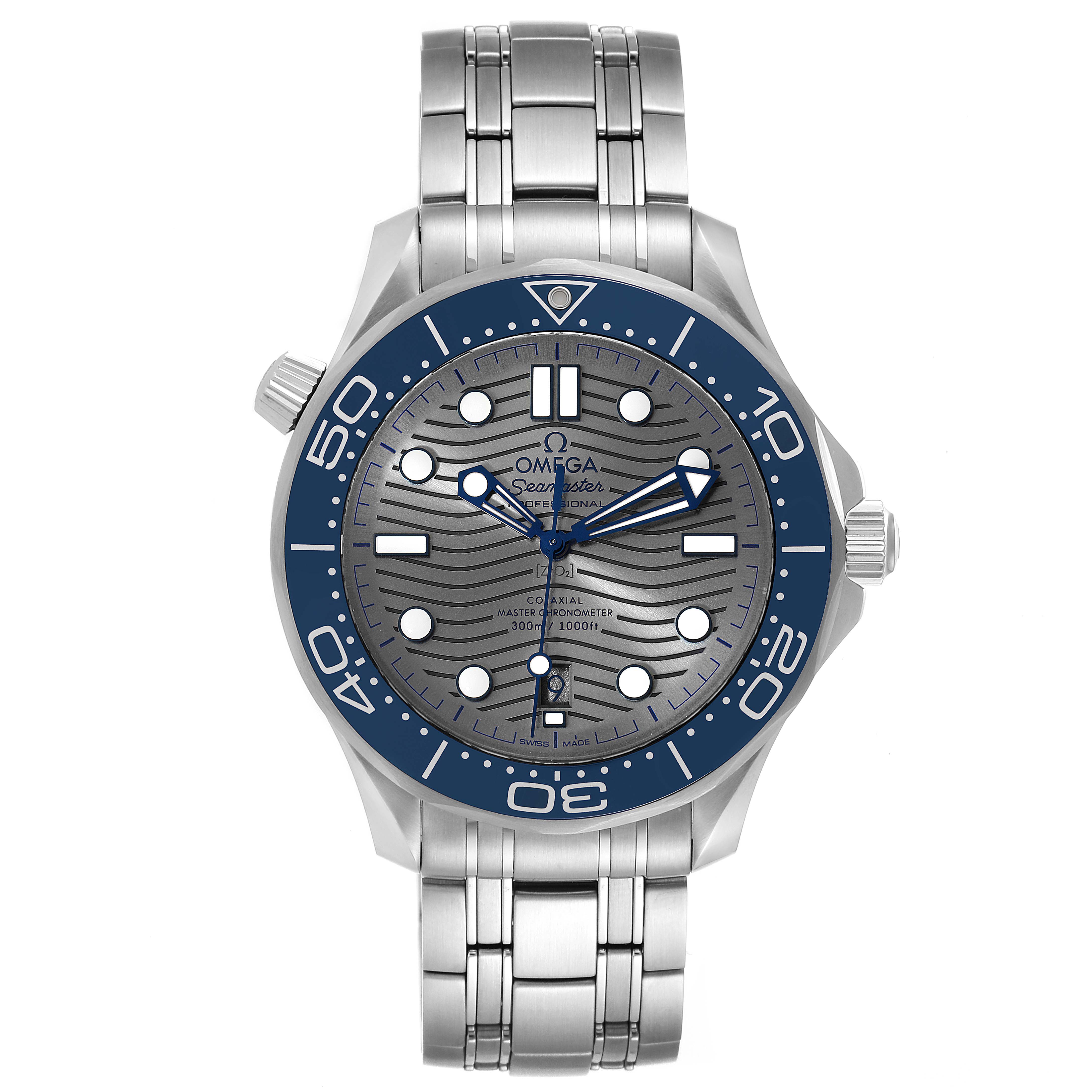 This image shows a frontal view of an Omega Seamaster 210.30.42.20.06.001 Men
s Stainless Steel Grey Dial 210.30.42.20.06.001 Men
s Stainless Steel Grey Dial watch, including its face, bezel, crown, and bracelet.