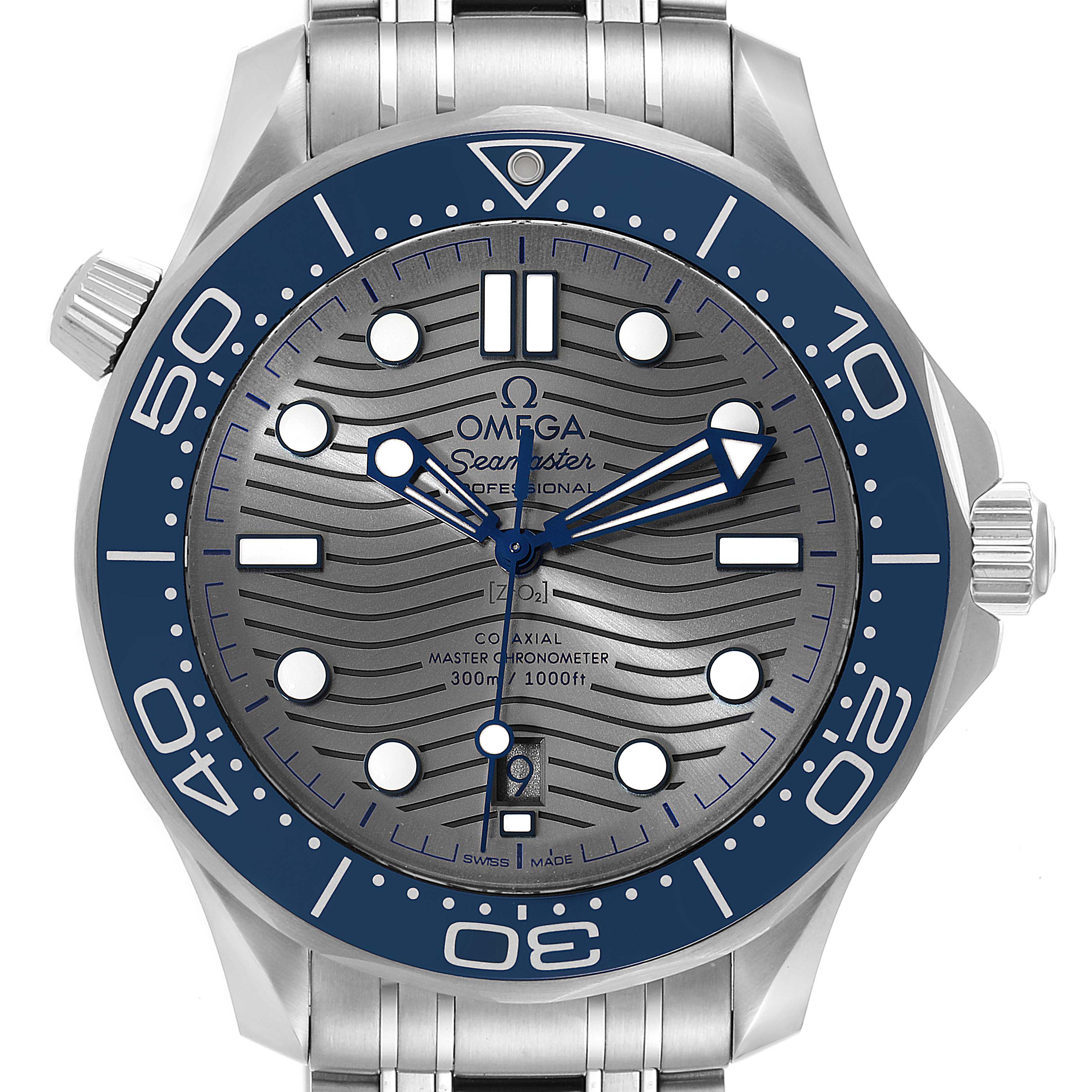 This image shows a front view of the Omega Seamaster 210.30.42.20.06.001 Men
s Stainless Steel Grey Dial 210.30.42.20.06.001 Men
s Stainless Steel Grey Dial Professional watch, highlighting its dial, hour markers, bezel, and bracelet.