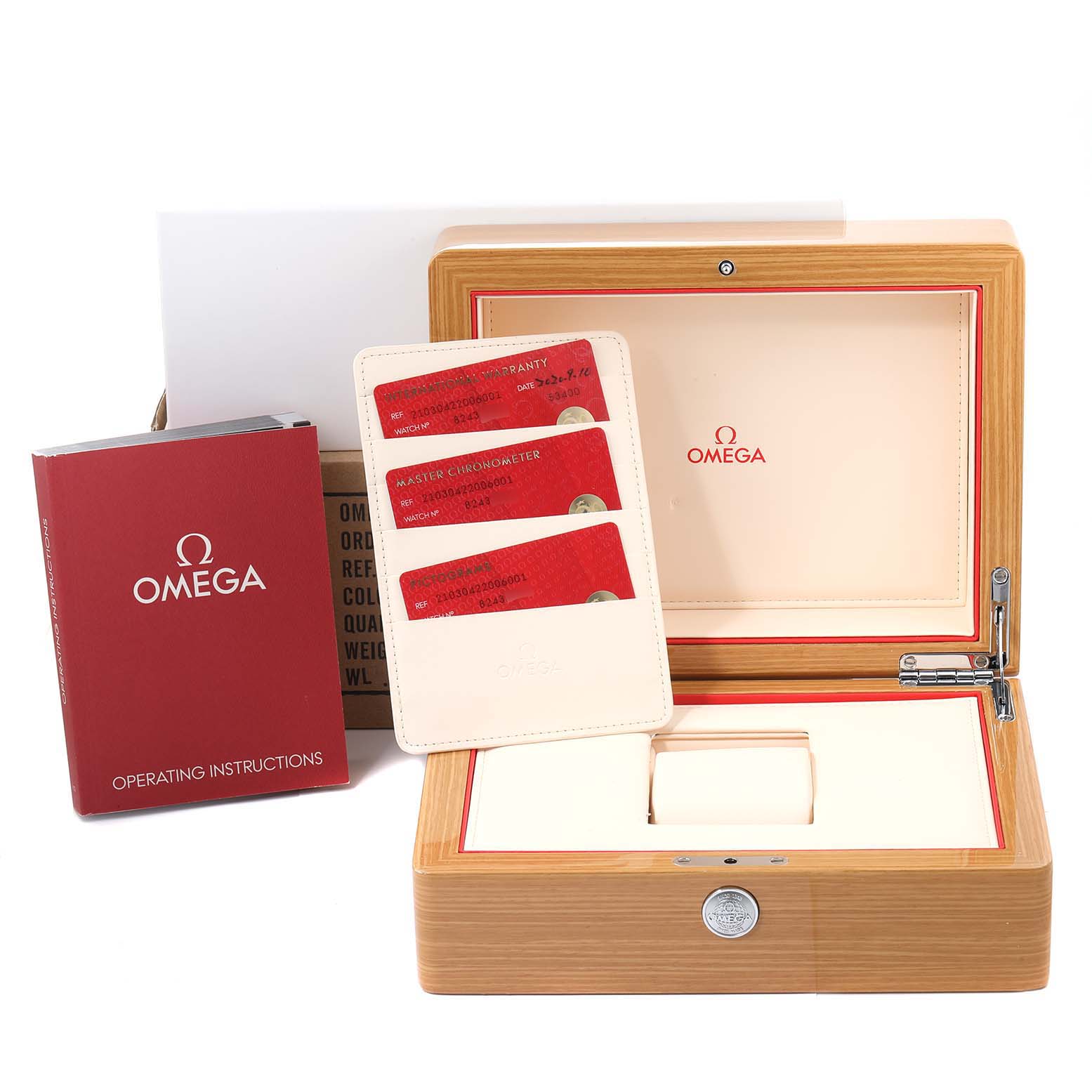 The image shows an Omega Seamaster 210.30.42.20.06.001 Men
s Stainless Steel Grey Dial 210.30.42.20.06.001 Men
s Stainless Steel Grey Dial watch box, warranty card holder, and an operating instructions booklet.