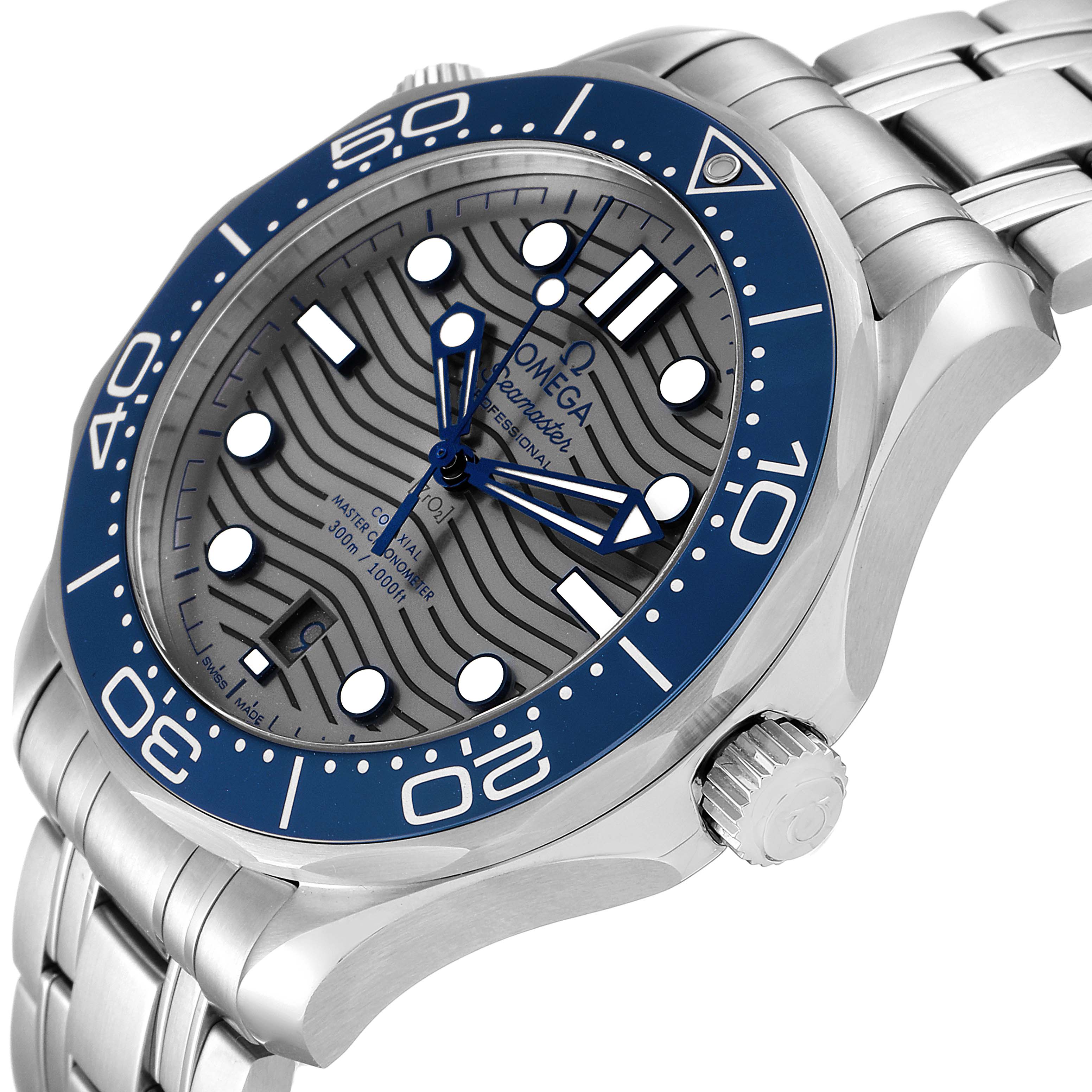 The image shows a three-quarter view of an Omega Seamaster 210.30.42.20.06.001 Men
s Stainless Steel Grey Dial 210.30.42.20.06.001 Men
s Stainless Steel Grey Dial watch, highlighting its dial, bezel, crown, and part of the bracelet.