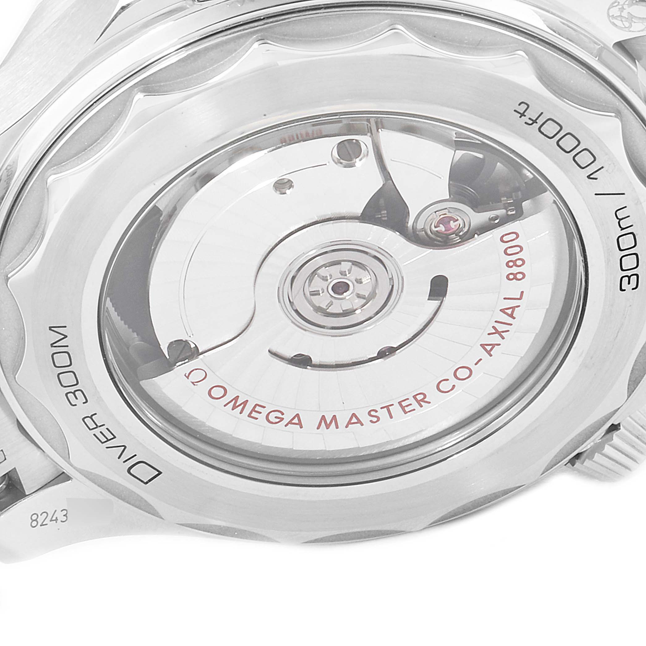 The image shows the back view of the Omega Seamaster 210.30.42.20.06.001 Men
s Stainless Steel Grey Dial 210.30.42.20.06.001 Men
s Stainless Steel Grey Dial watch, highlighting the rotor and movement mechanism.