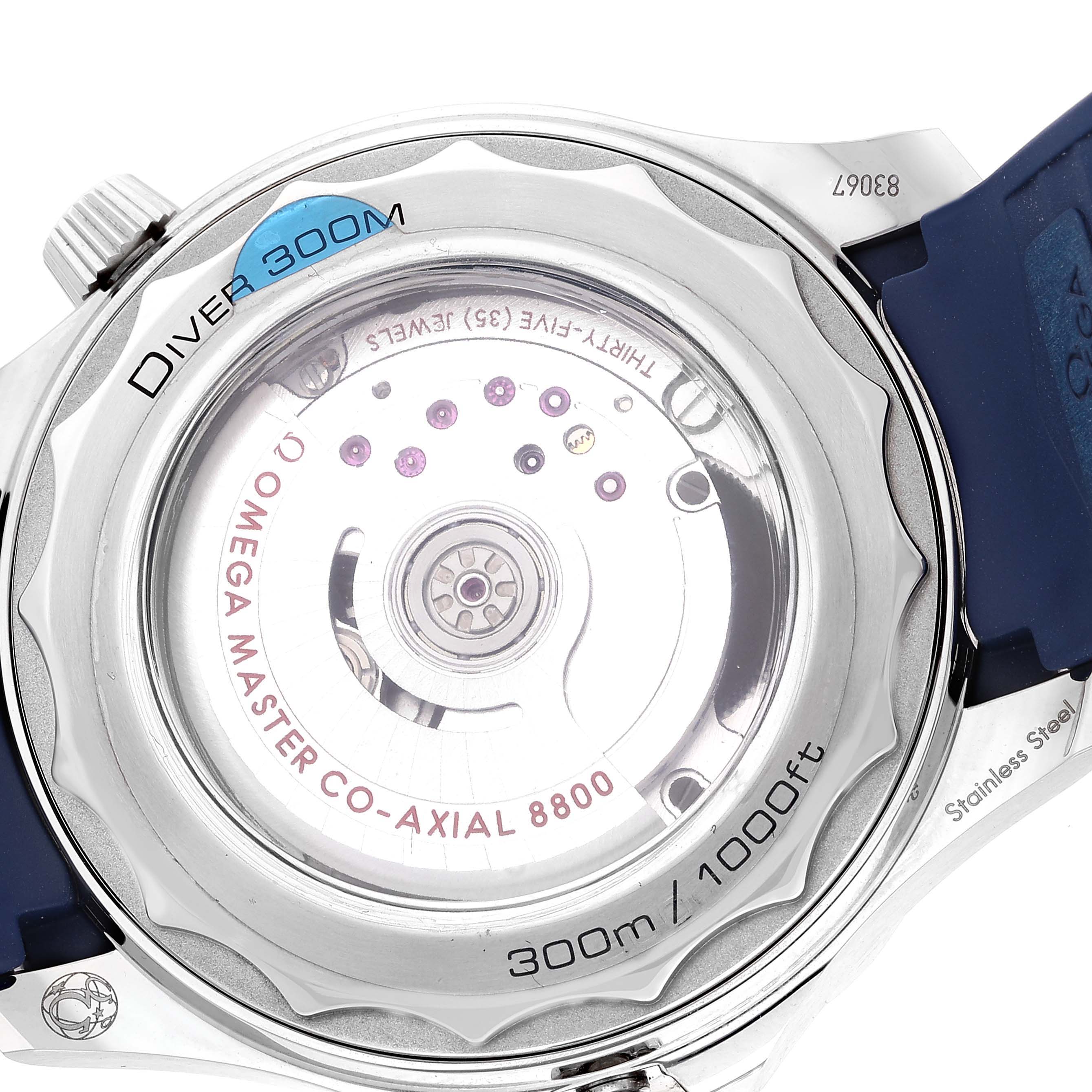 The image shows the case back of the Omega Seamaster 210.32.42.20.06.001 Men's Stainless Steel Grey Dial 210.32.42.20.06.001 Men's Stainless Steel Grey Dial Diver 300M, displaying its self-winding movement.