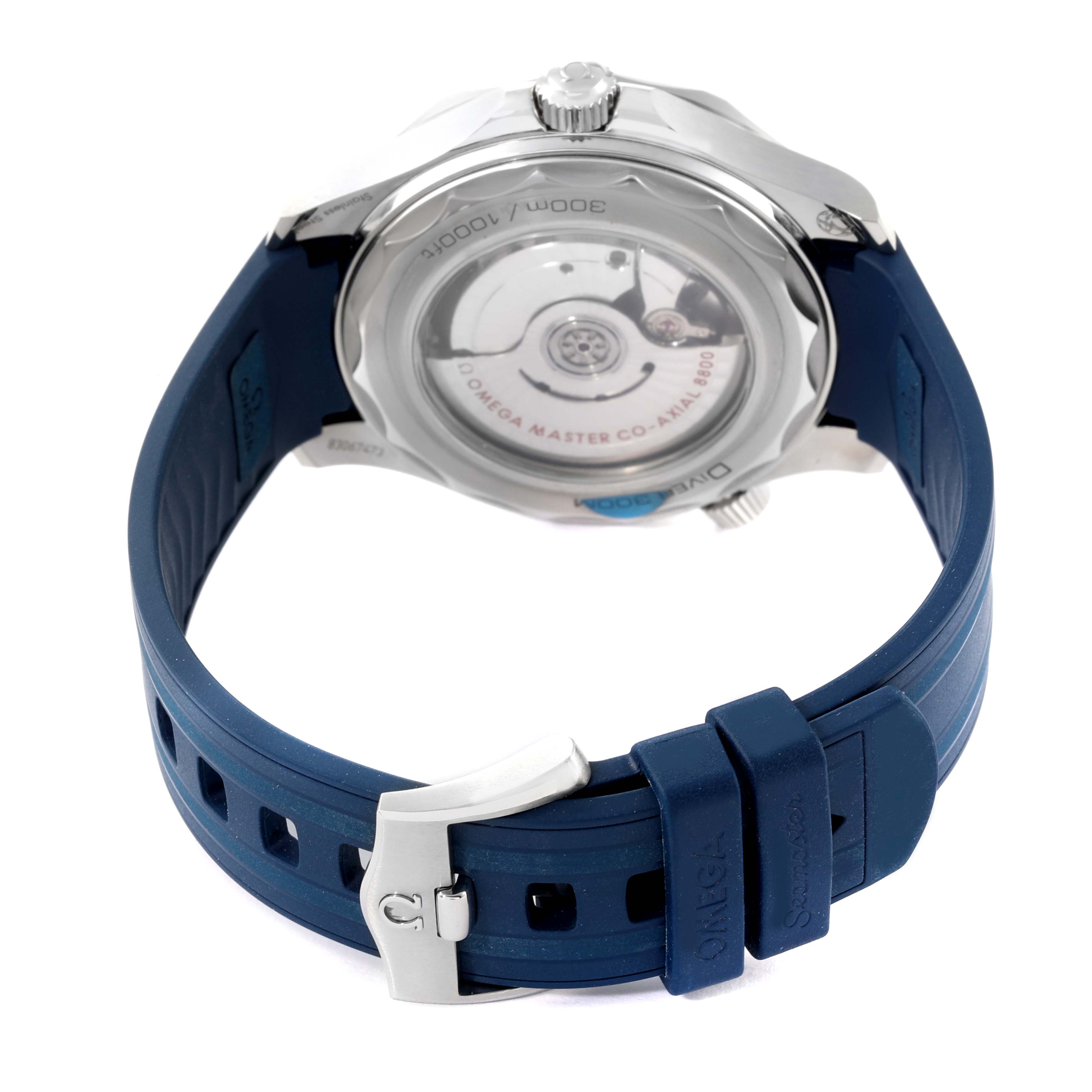 The image shows the back view of an Omega Seamaster 210.32.42.20.06.001 Men's Stainless Steel Grey Dial 210.32.42.20.06.001 Men's Stainless Steel Grey Dial watch, highlighting the case back and the blue strap with its clasp.