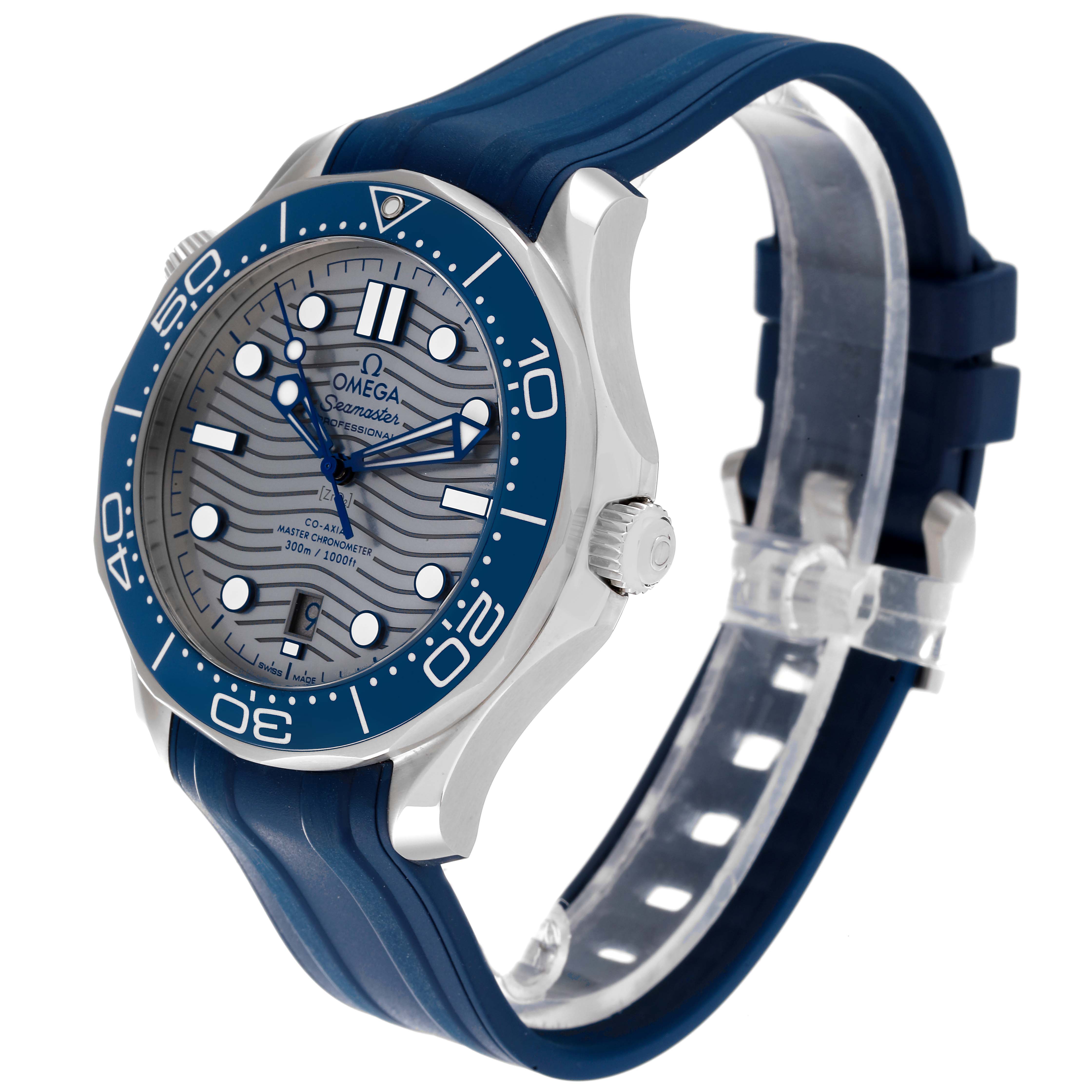 The Omega Seamaster 210.32.42.20.06.001 Men's Stainless Steel Grey Dial 210.32.42.20.06.001 Men's Stainless Steel Grey Dial watch is shown from an angled side view, highlighting the dial, bezel, and blue rubber strap.