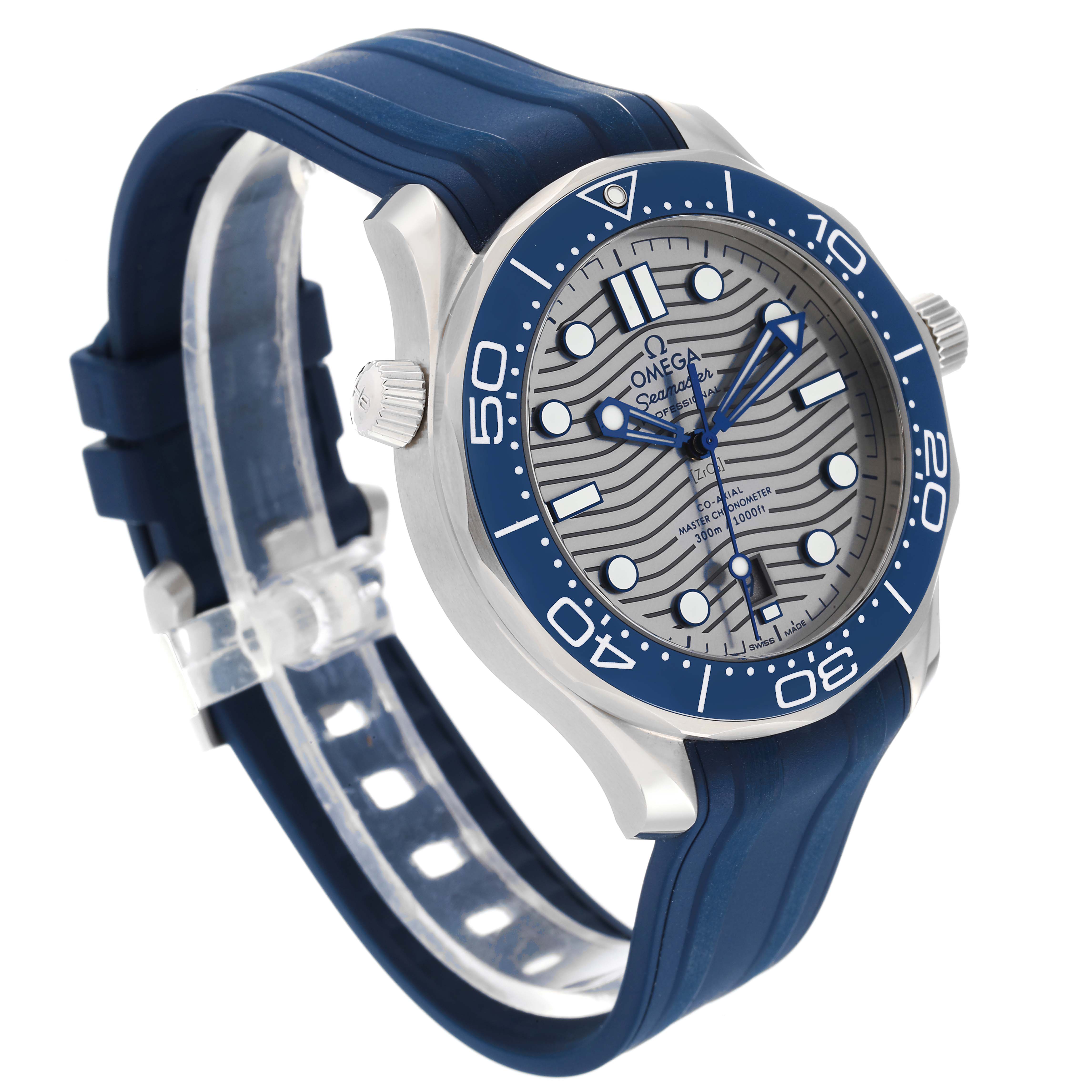 This image shows a side and front angle of the Omega Seamaster 210.32.42.20.06.001 Men's Stainless Steel Grey Dial 210.32.42.20.06.001 Men's Stainless Steel Grey Dial watch, highlighting the bezel, dial, crown, and band.