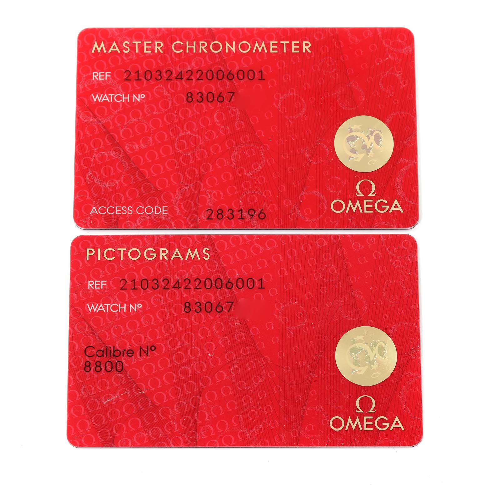 The image shows two Omega Seamaster 210.32.42.20.06.001 Men's Stainless Steel Grey Dial 210.32.42.20.06.001 Men's Stainless Steel Grey Dial identification cards, titled "Master Chronometer" and "Pictograms."