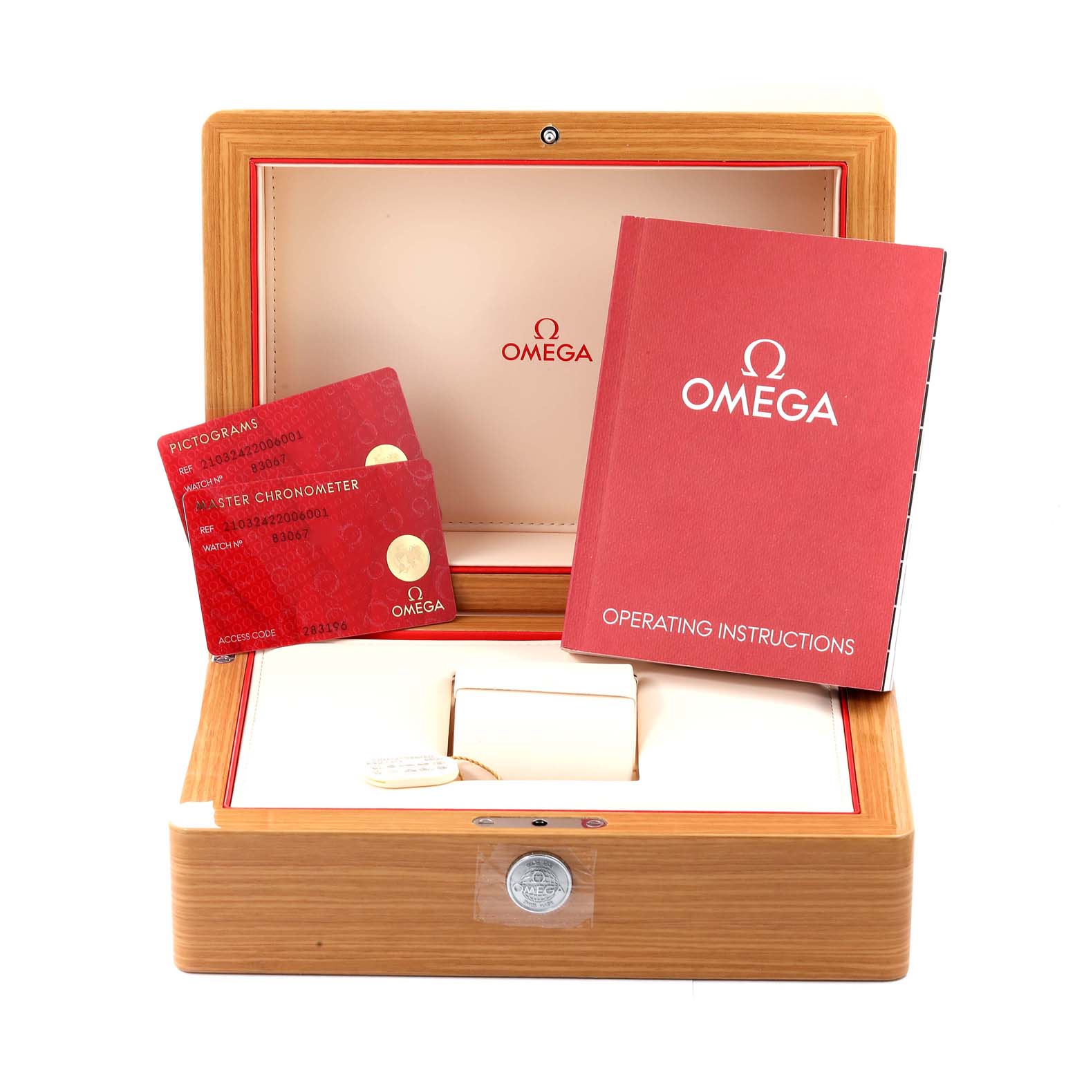 The image shows an Omega Seamaster 210.32.42.20.06.001 Men's Stainless Steel Grey Dial 210.32.42.20.06.001 Men's Stainless Steel Grey Dial watch box, operating instructions manual, and pictogram cards from a front angle.