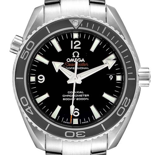 This image shows a frontal view of the Omega Planet Ocean watch, displaying the dial, bezel, and part of the bracelet.