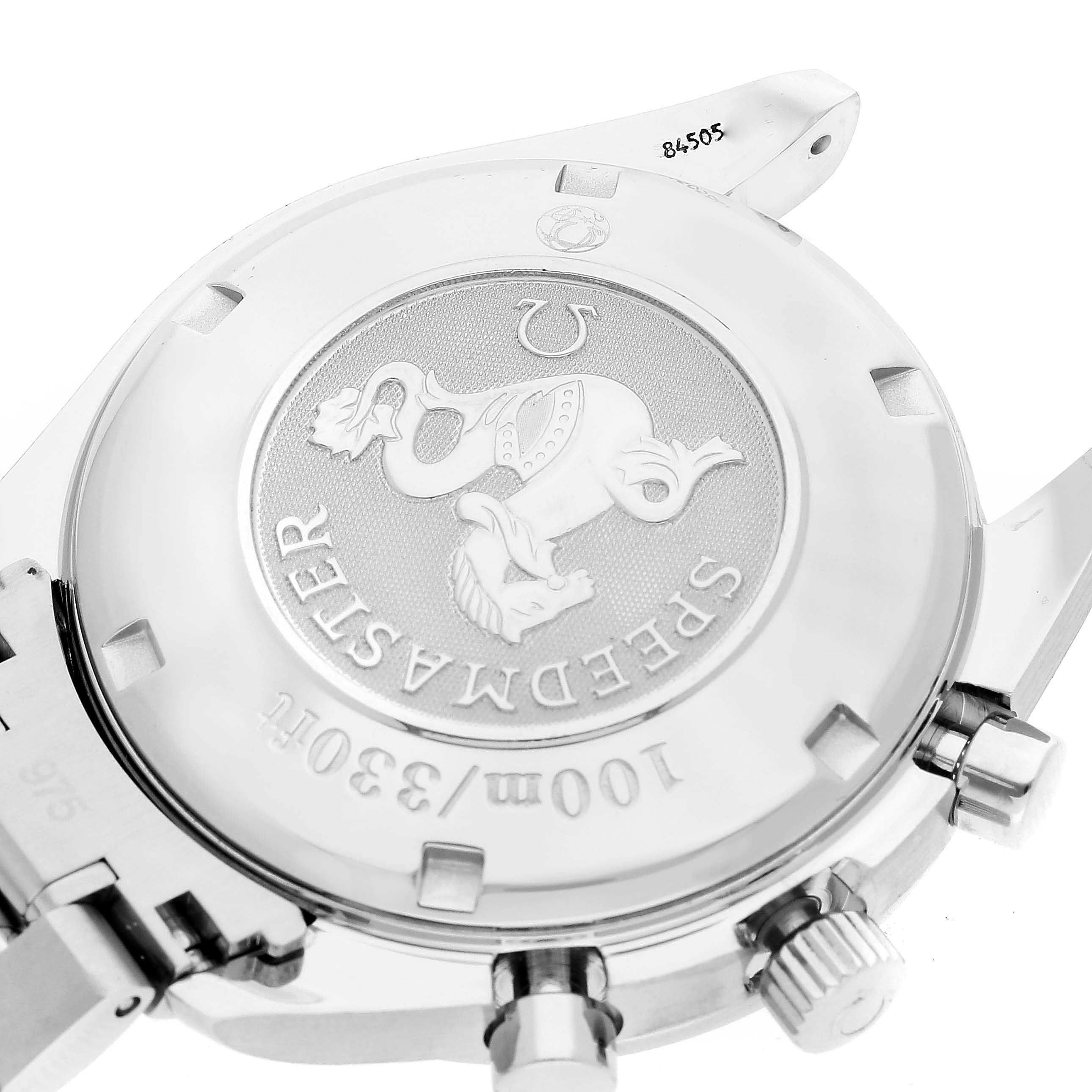 This image shows the back of an Omega Speedmaster 3210.52.00 Men's Stainless Steel Black Dial 3210.52.00 Men's Stainless Steel Black Dial watch, highlighting the logo, water resistance engraving, and part of the bracelet.