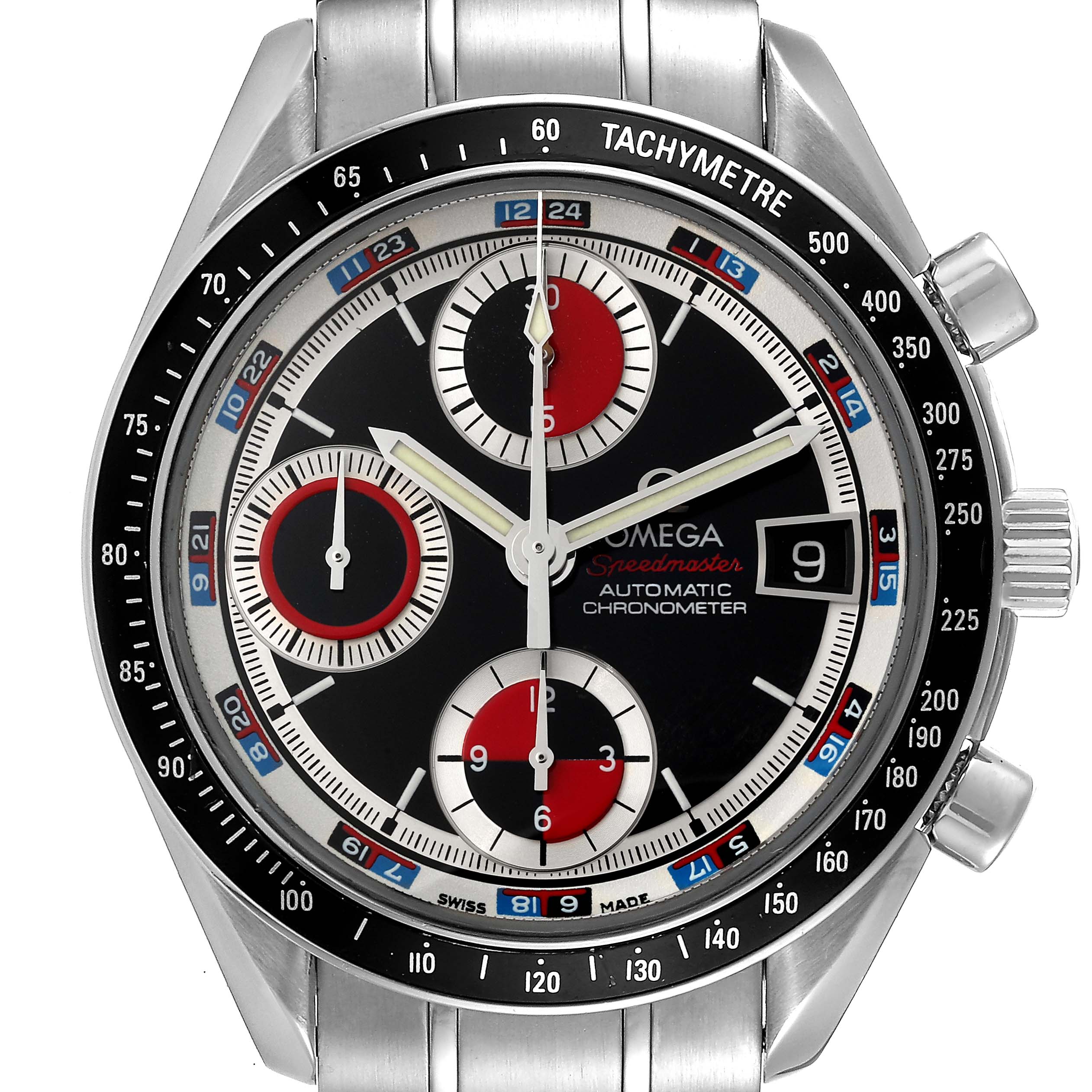 The image shows a frontal view of the Omega Speedmaster 3210.52.00 Men's Stainless Steel Black Dial 3210.52.00 Men's Stainless Steel Black Dial watch, highlighting its dial, chronograph subdials, and tachymeter bezel.