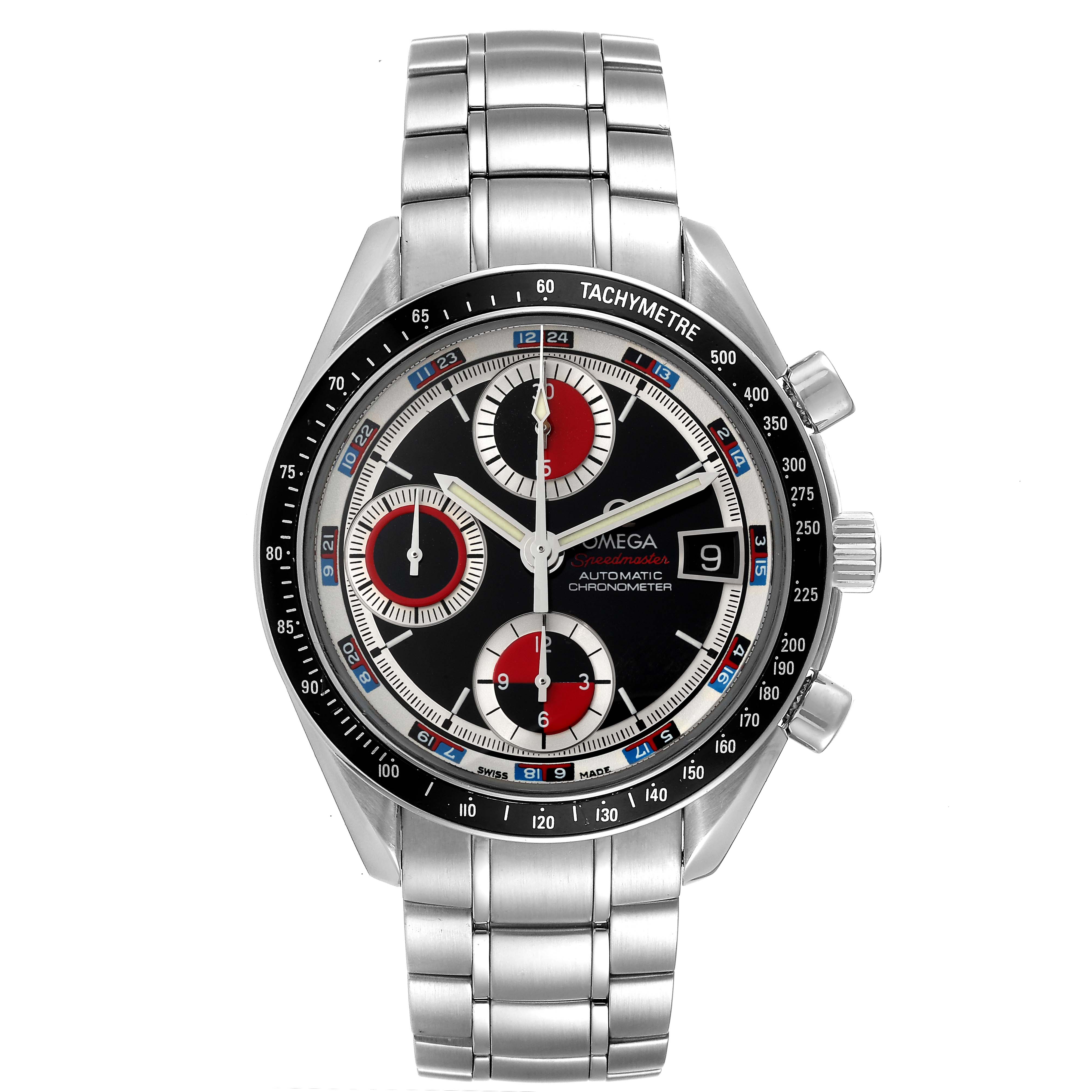 The Omega Speedmaster 3210.52.00 Men's Stainless Steel Black Dial 3210.52.00 Men's Stainless Steel Black Dial watch is shown from the front, displaying the dial, tachymeter bezel, chronograph subdials, and stainless steel bracelet.