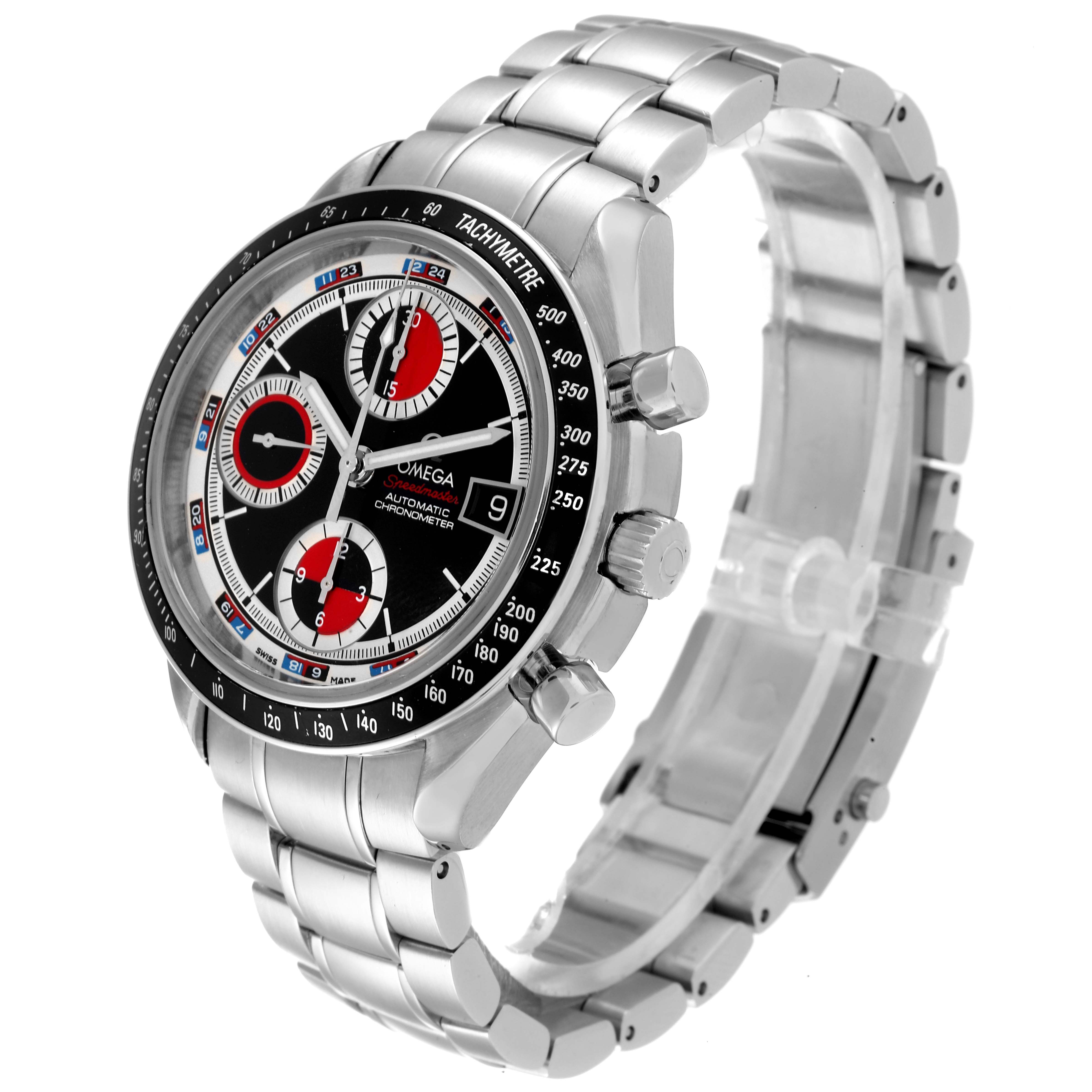 The Omega Speedmaster 3210.52.00 Men's Stainless Steel Black Dial 3210.52.00 Men's Stainless Steel Black Dial watch is shown at an angle highlighting the face, three sub-dials, and metal bracelet.