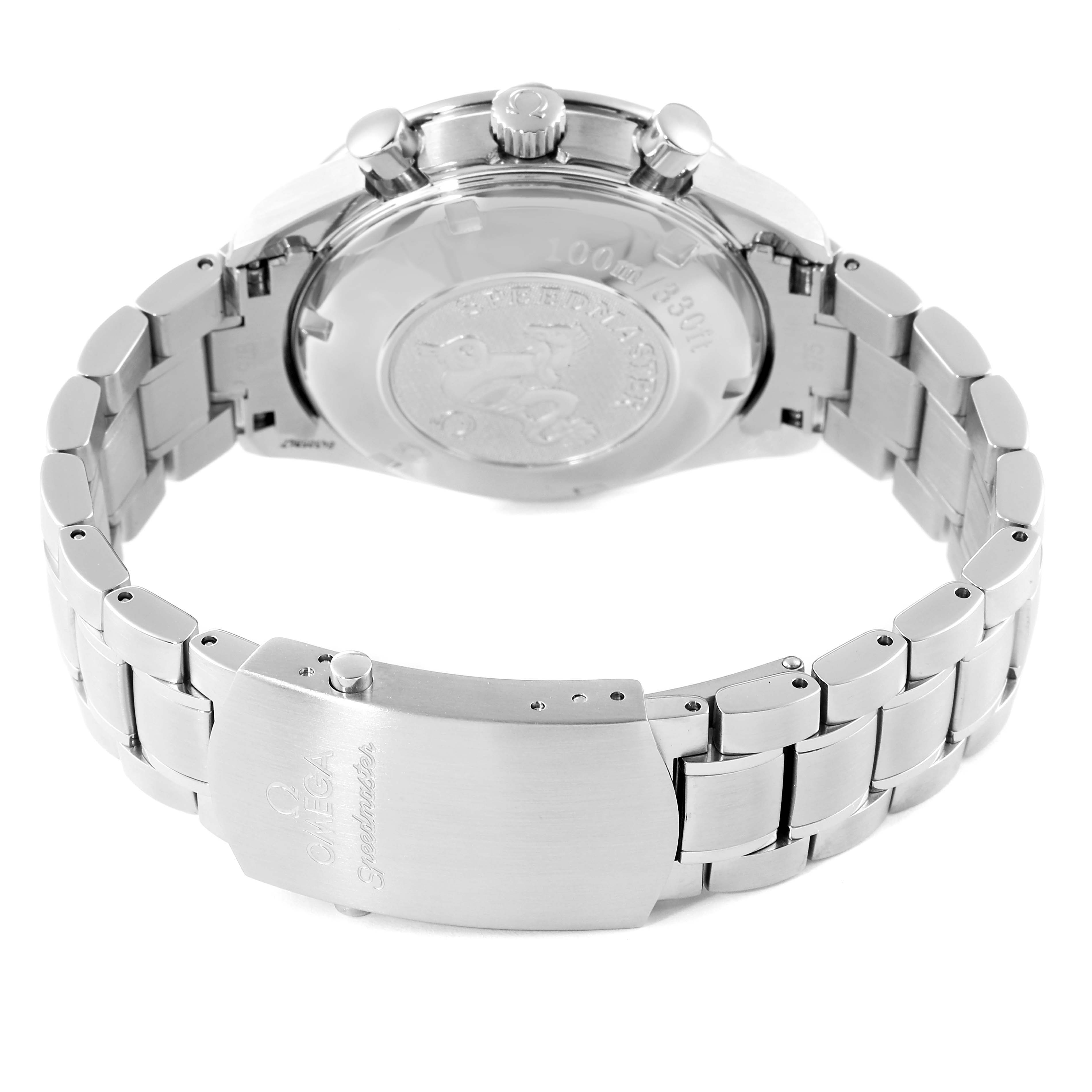 The image shows the back view of an Omega Speedmaster 3210.52.00 Men's Stainless Steel Black Dial 3210.52.00 Men's Stainless Steel Black Dial watch, highlighting the case back and metal bracelet with the clasp.