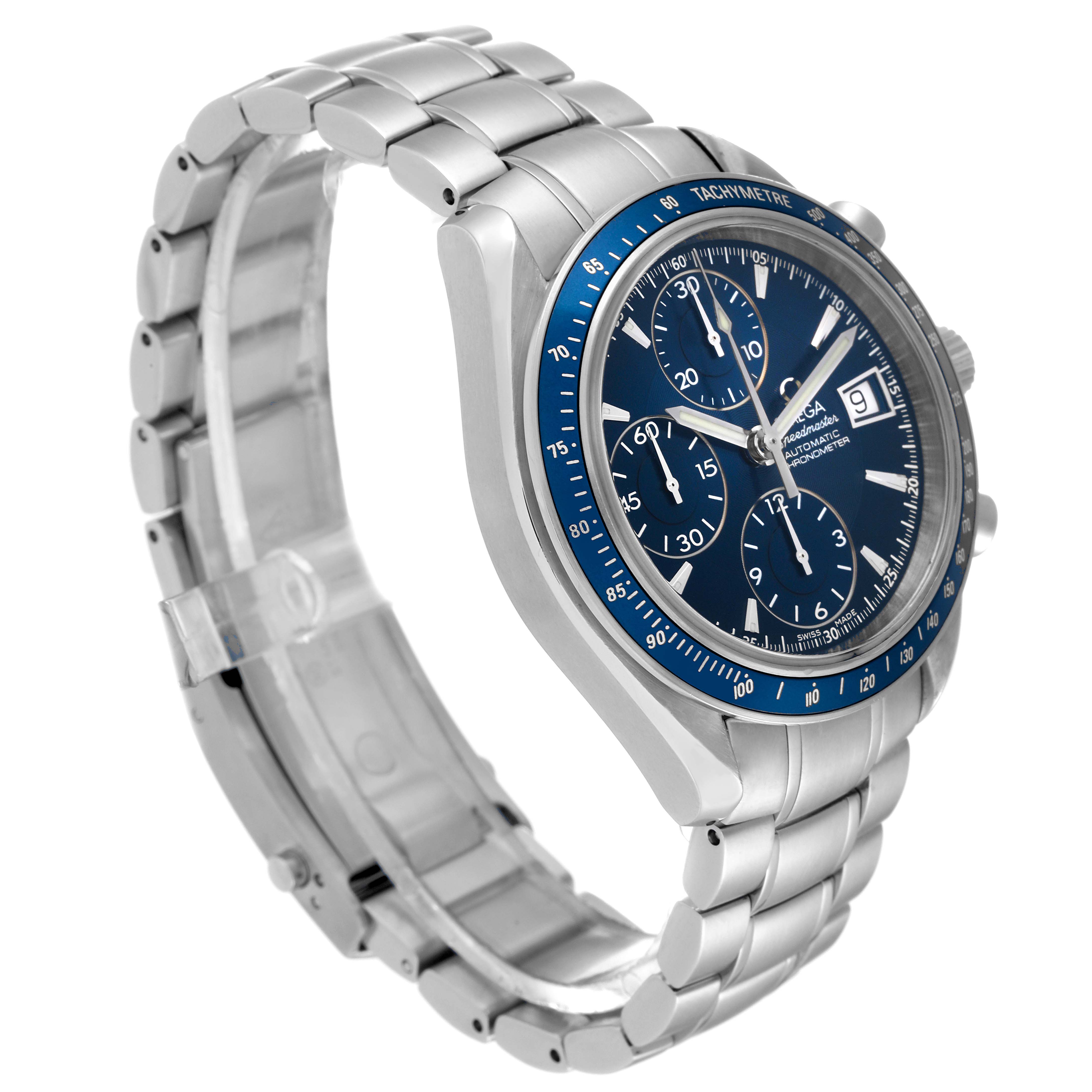 The Omega Speedmaster 3212.80.00 Men's Stainless Steel Blue Dial 3212.80.00 Men's Stainless Steel Blue Dial watch is shown at a slight left angle, highlighting its bracelet, dial, and tachymeter bezel.