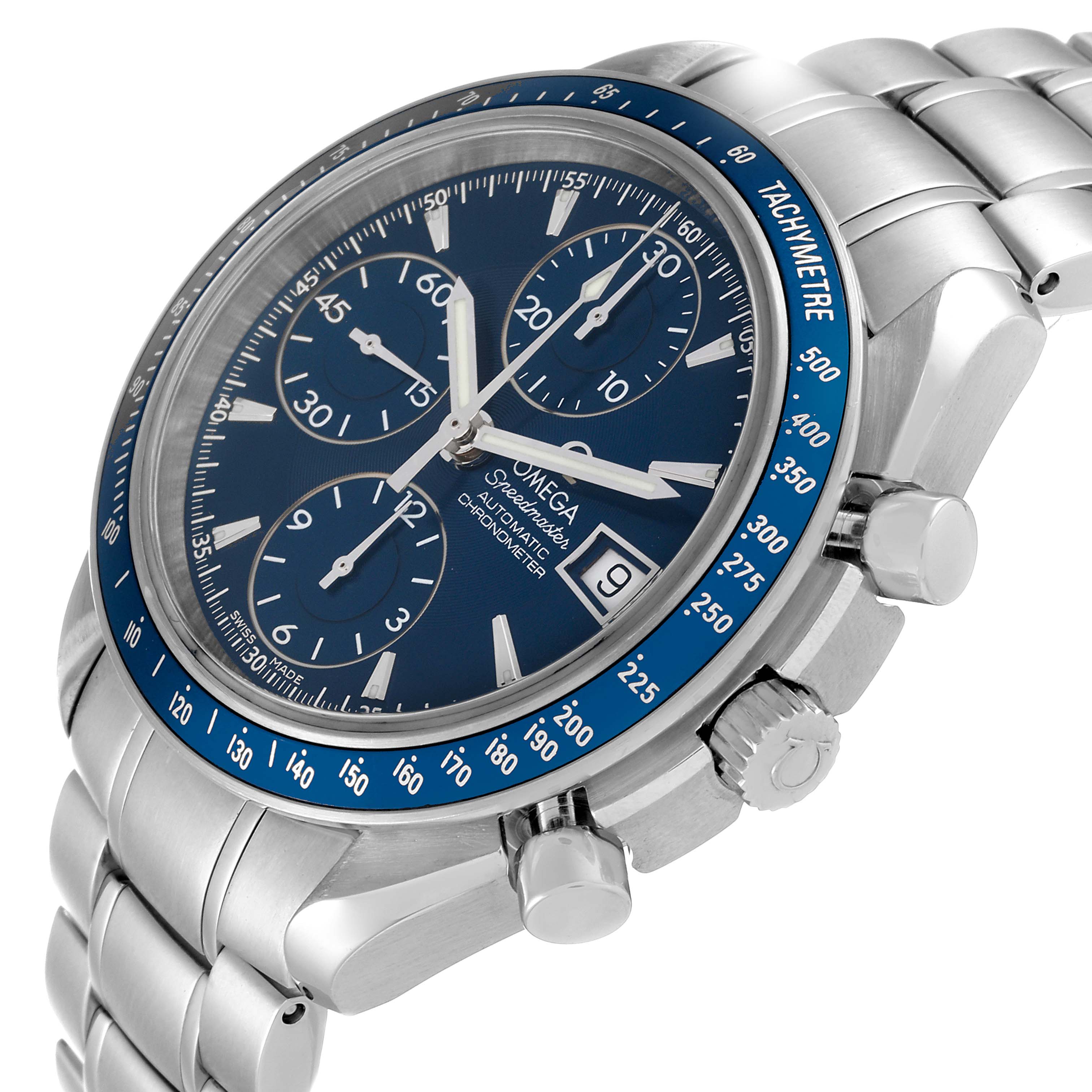 The Omega Speedmaster 3212.80.00 Men's Stainless Steel Blue Dial 3212.80.00 Men's Stainless Steel Blue Dial watch is shown at an angled close-up, highlighting the bezel, dial, pushers, and bracelet.