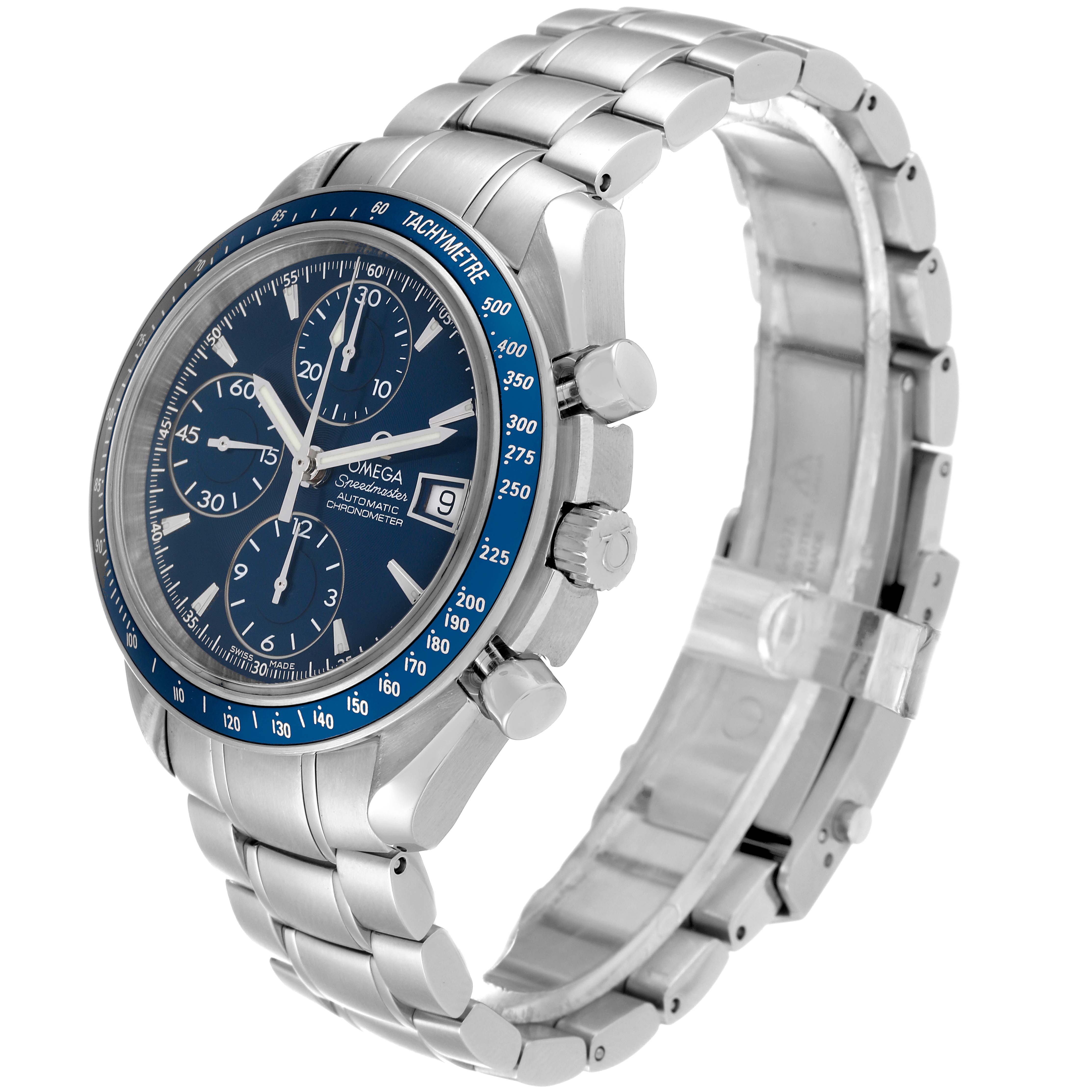 The image shows an Omega Speedmaster 3212.80.00 Men's Stainless Steel Blue Dial 3212.80.00 Men's Stainless Steel Blue Dial watch at a three-quarter angle, displaying the face, bezel, crown, pushers, and bracelet.