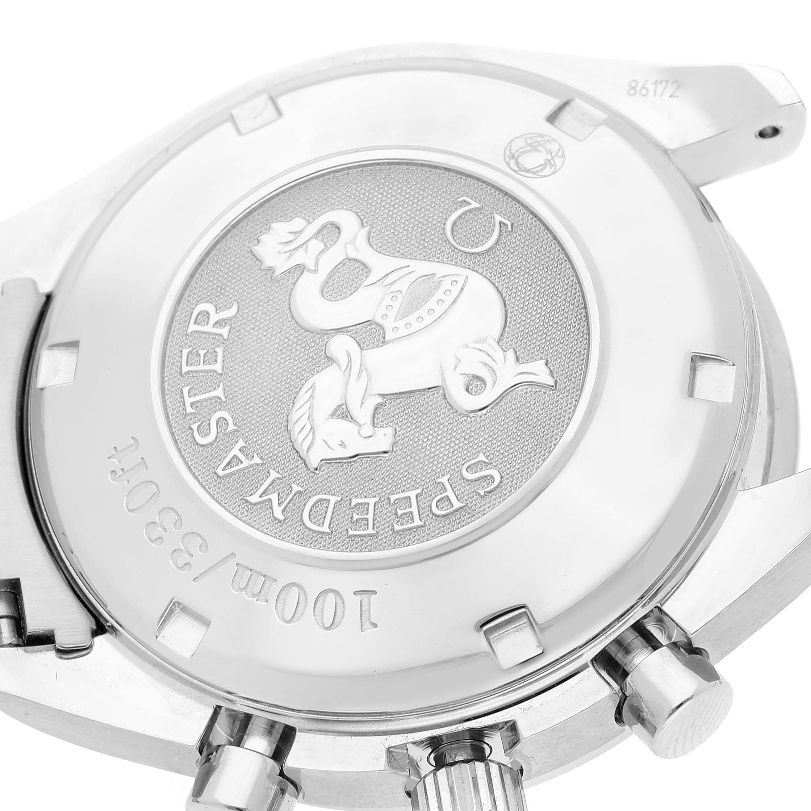 The image shows the back and side view of an Omega Speedmaster 3212.80.00 Men's Stainless Steel Blue Dial 3212.80.00 Men's Stainless Steel Blue Dial watch, highlighting the case back and crown.