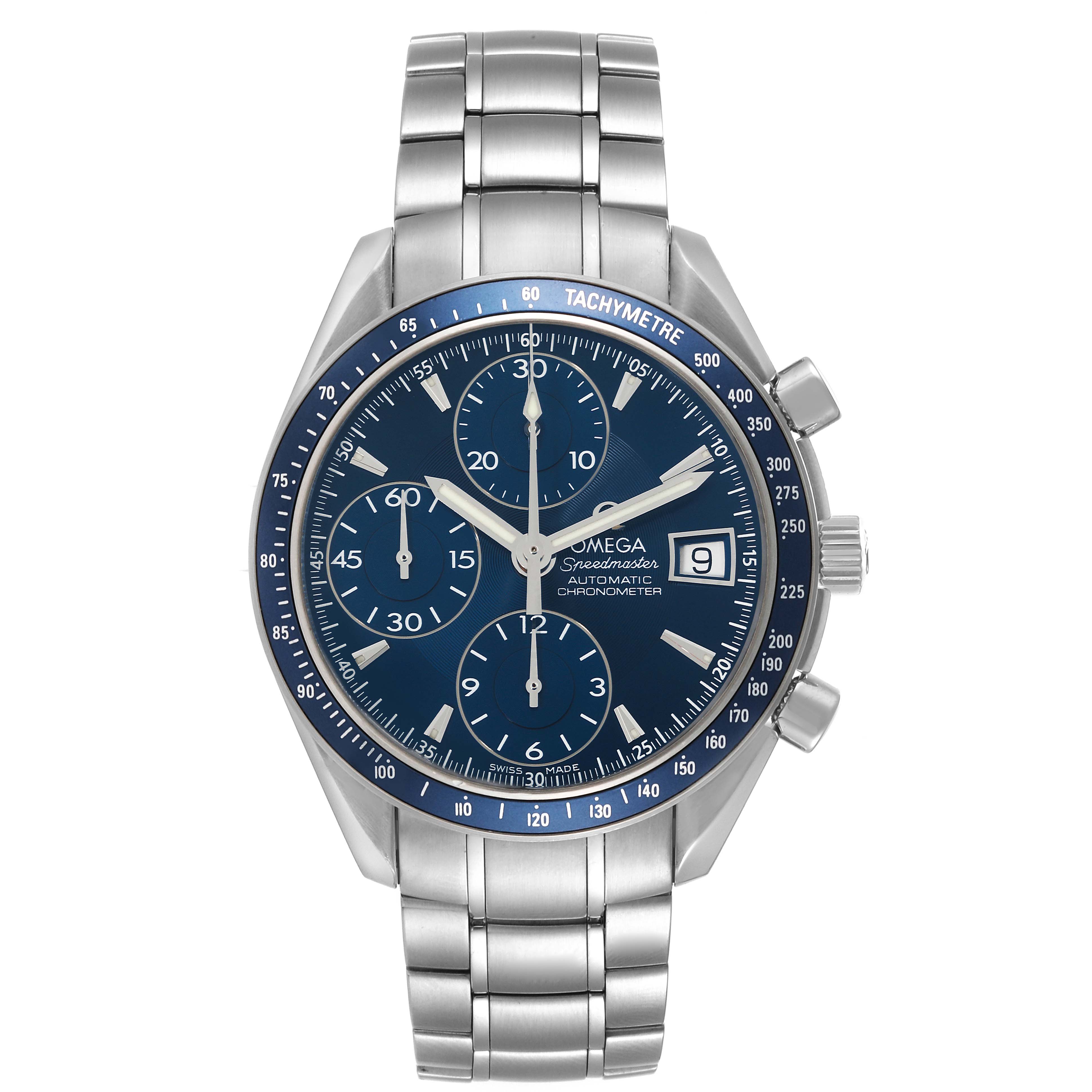 This image shows a front view of an Omega Speedmaster 3212.80.00 Men's Stainless Steel Blue Dial 3212.80.00 Men's Stainless Steel Blue Dial watch, highlighting its dial, bracelet, tachymeter bezel, and chronograph subdials.