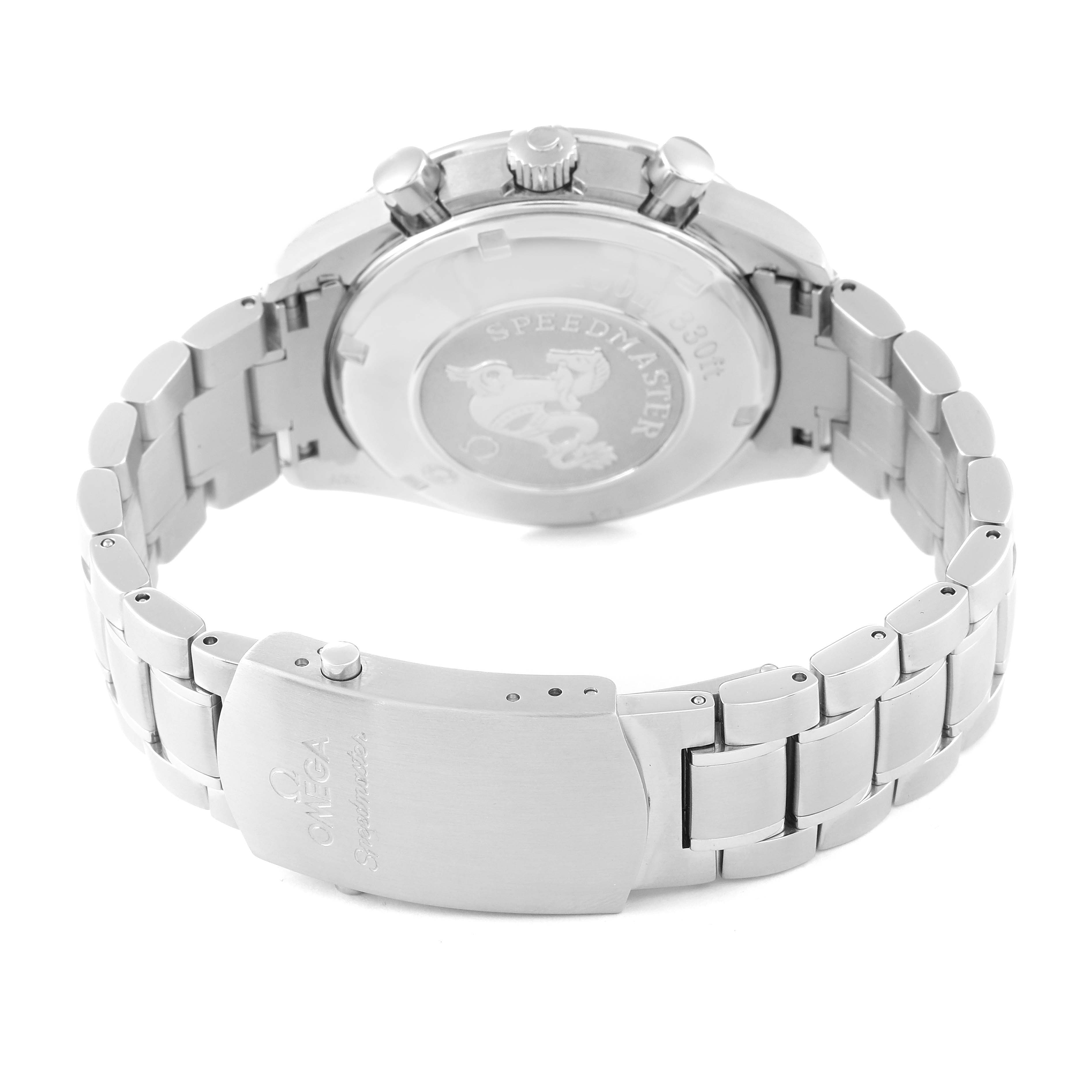 The image shows the back case and bracelet of an Omega Speedmaster 3212.80.00 Men's Stainless Steel Blue Dial 3212.80.00 Men's Stainless Steel Blue Dial watch from a rear angle.