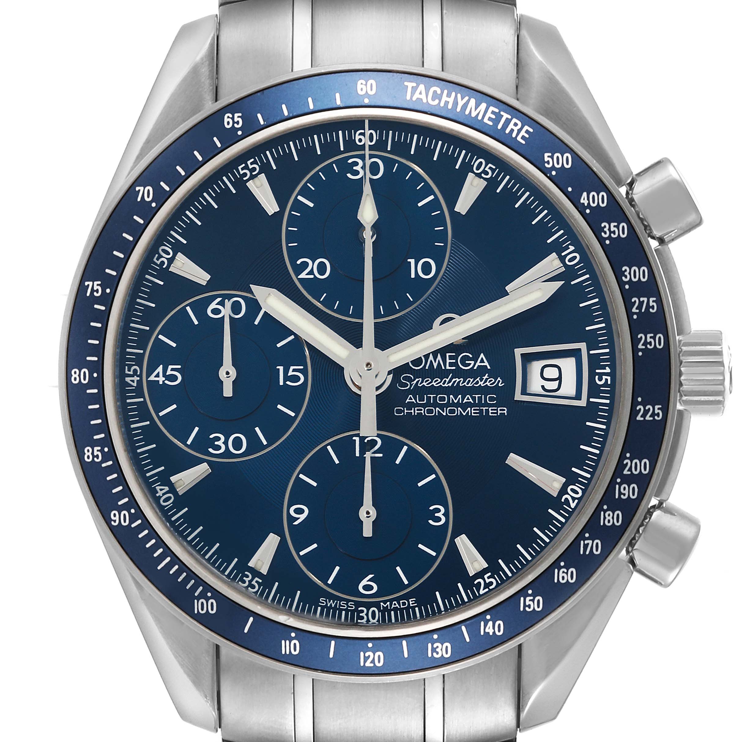 The image shows the face of an Omega Speedmaster 3212.80.00 Men's Stainless Steel Blue Dial 3212.80.00 Men's Stainless Steel Blue Dial watch at a straight-on angle, highlighting its blue dial, chronograph, and tachymeter bezel.