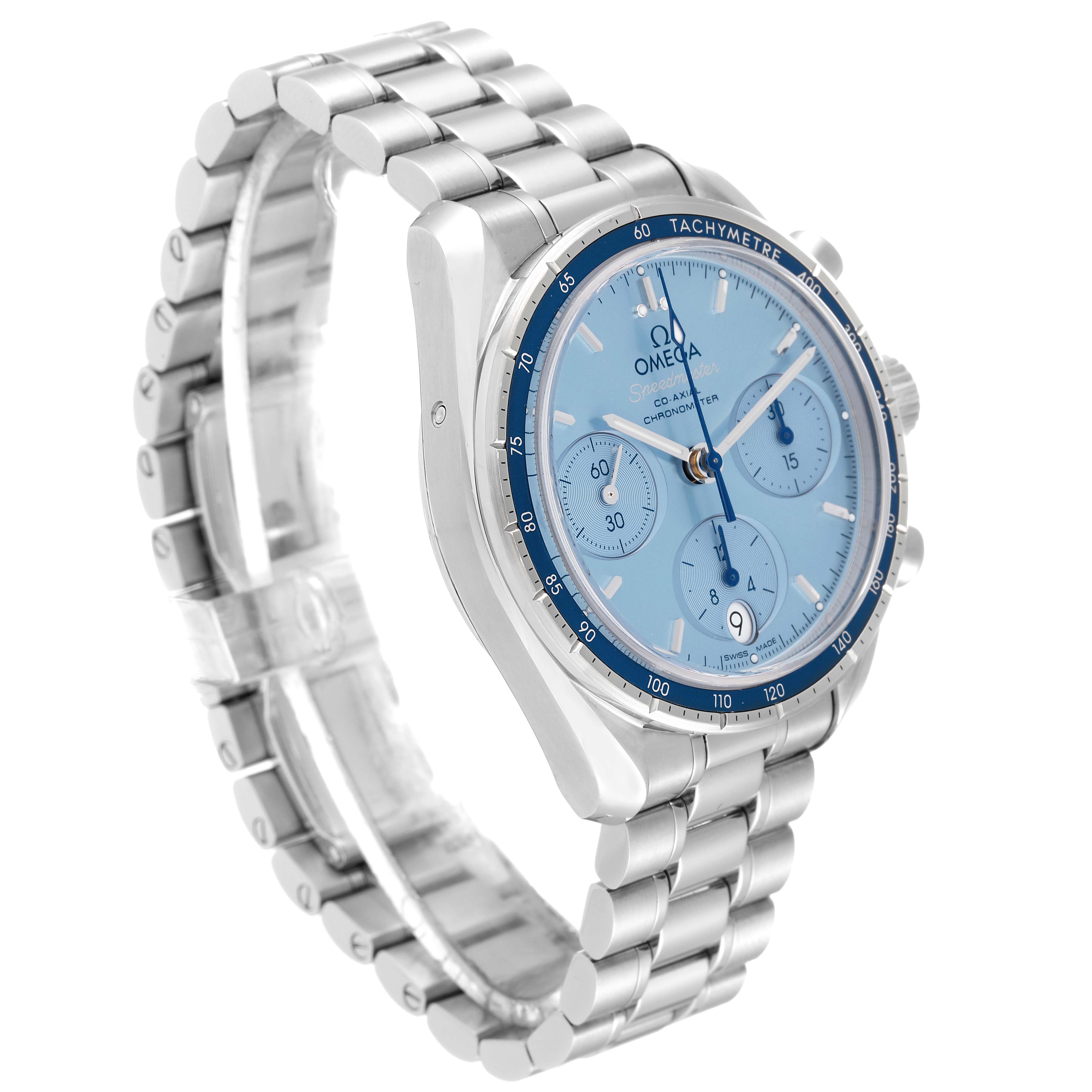The image shows an angled view of the Omega Speedmaster 324.30.38.50.03.001 Men's Stainless Steel Blue Dial 324.30.38.50.03.001 Men's Stainless Steel Blue Dial watch, featuring its face, bezel, and metal bracelet.