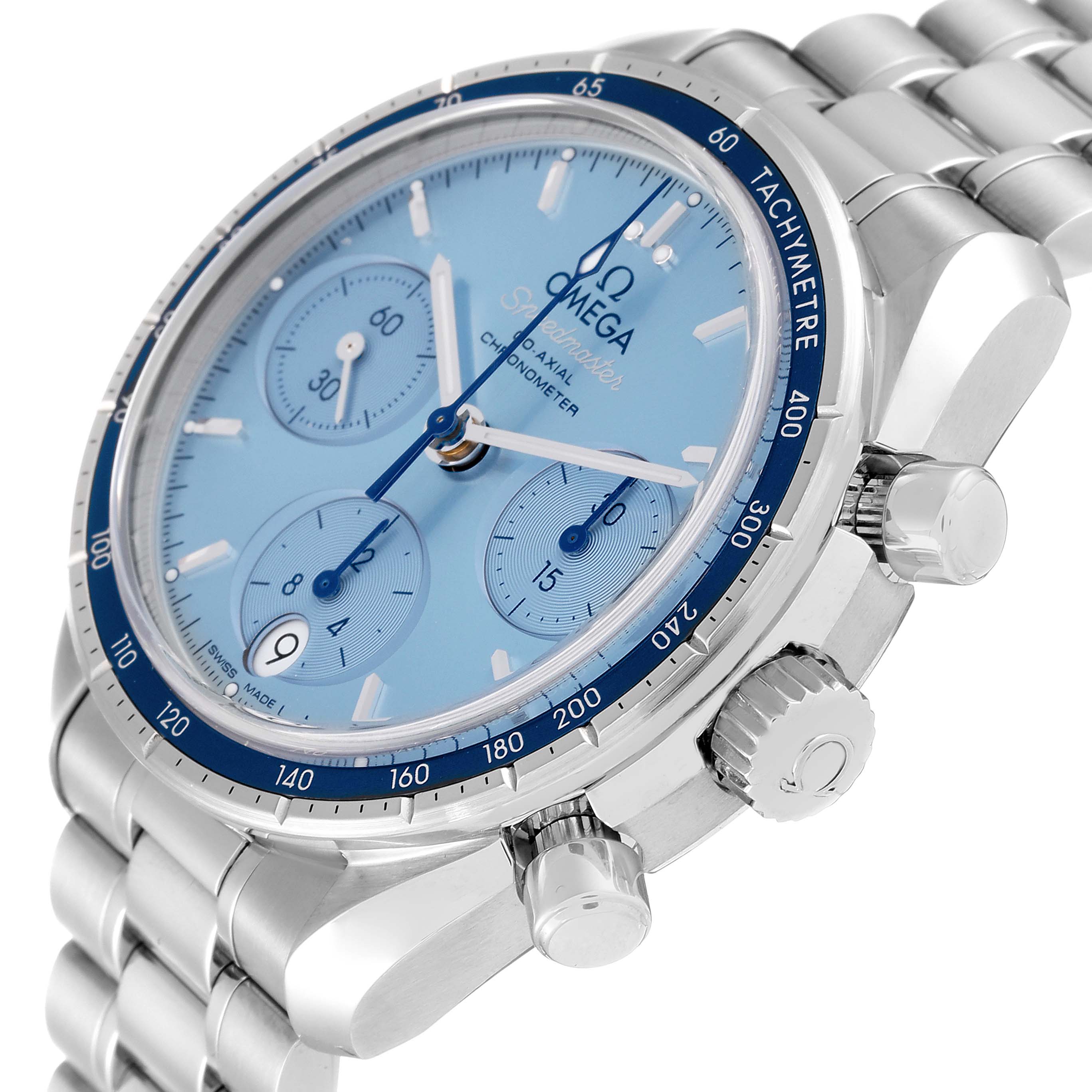 This image shows a close-up angle of the Omega Speedmaster 324.30.38.50.03.001 Men's Stainless Steel Blue Dial 324.30.38.50.03.001 Men's Stainless Steel Blue Dial watch, highlighting the face, dials, bezel, and part of the bracelet.
