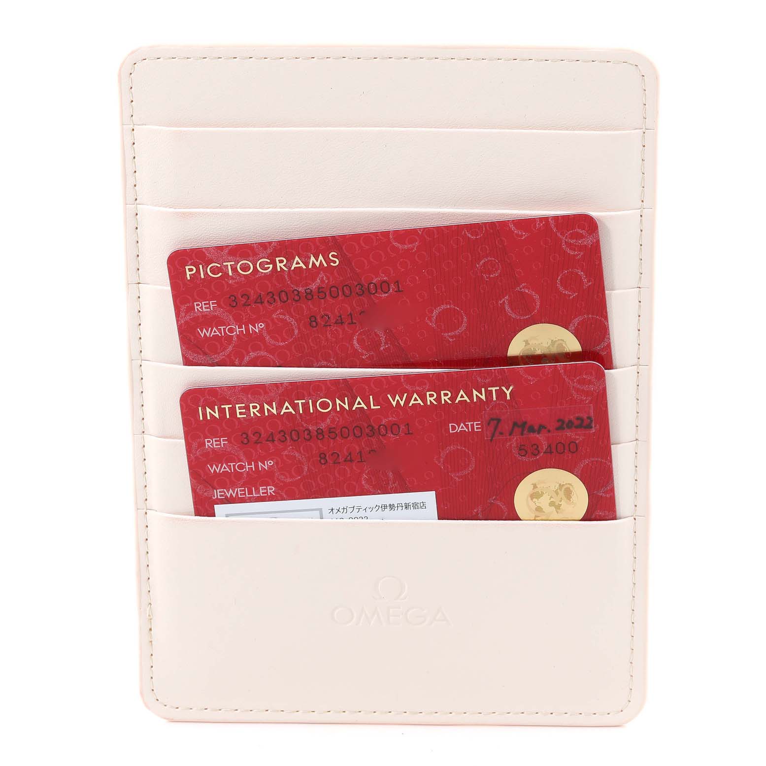 The image shows an Omega Speedmaster 324.30.38.50.03.001 Men's Stainless Steel Blue Dial 324.30.38.50.03.001 Men's Stainless Steel Blue Dial model's warranty cards in a branded cardholder, viewed from the front.