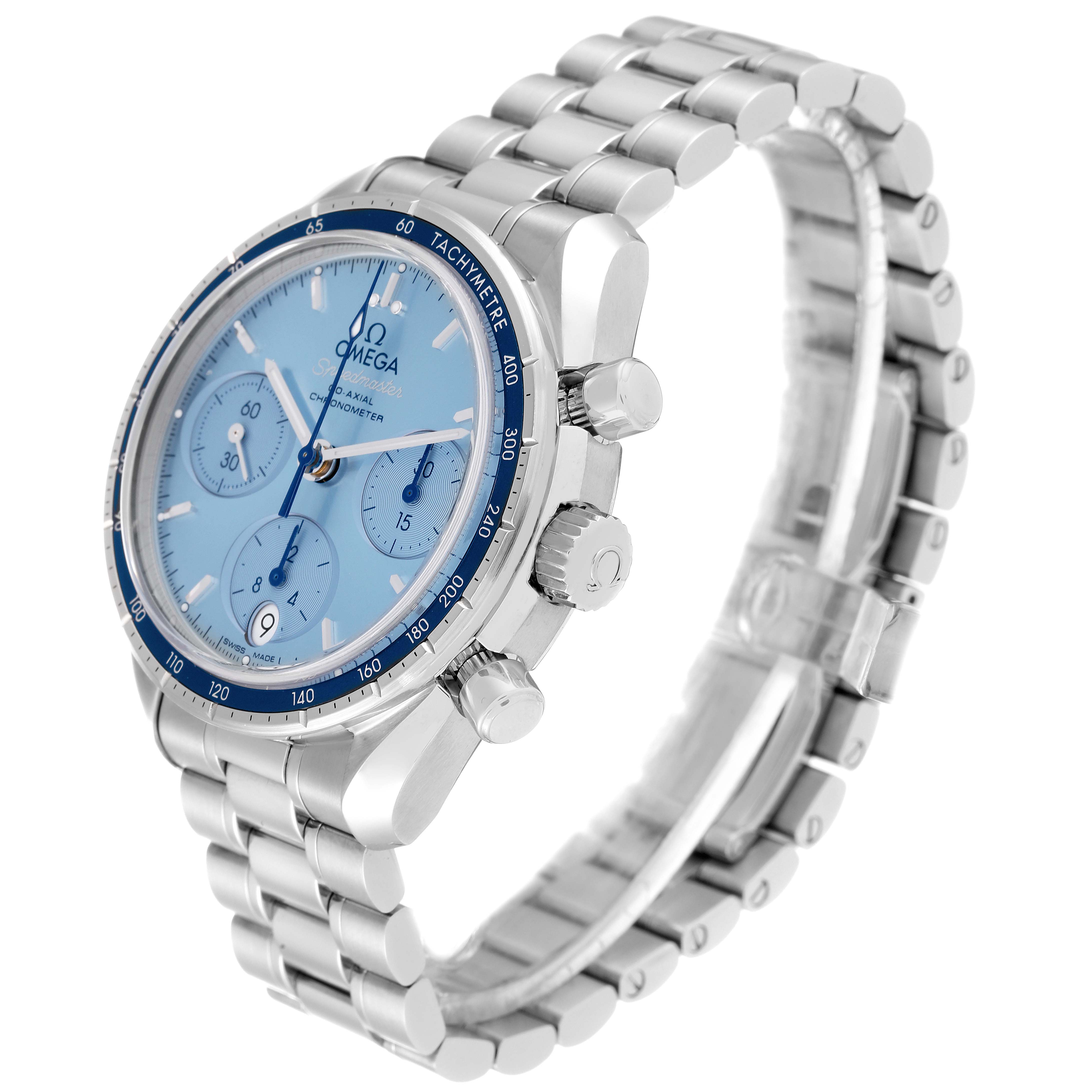 The image shows an angled side view of an Omega Speedmaster 324.30.38.50.03.001 Men's Stainless Steel Blue Dial 324.30.38.50.03.001 Men's Stainless Steel Blue Dial watch, highlighting its face, buttons, and stainless steel bracelet.