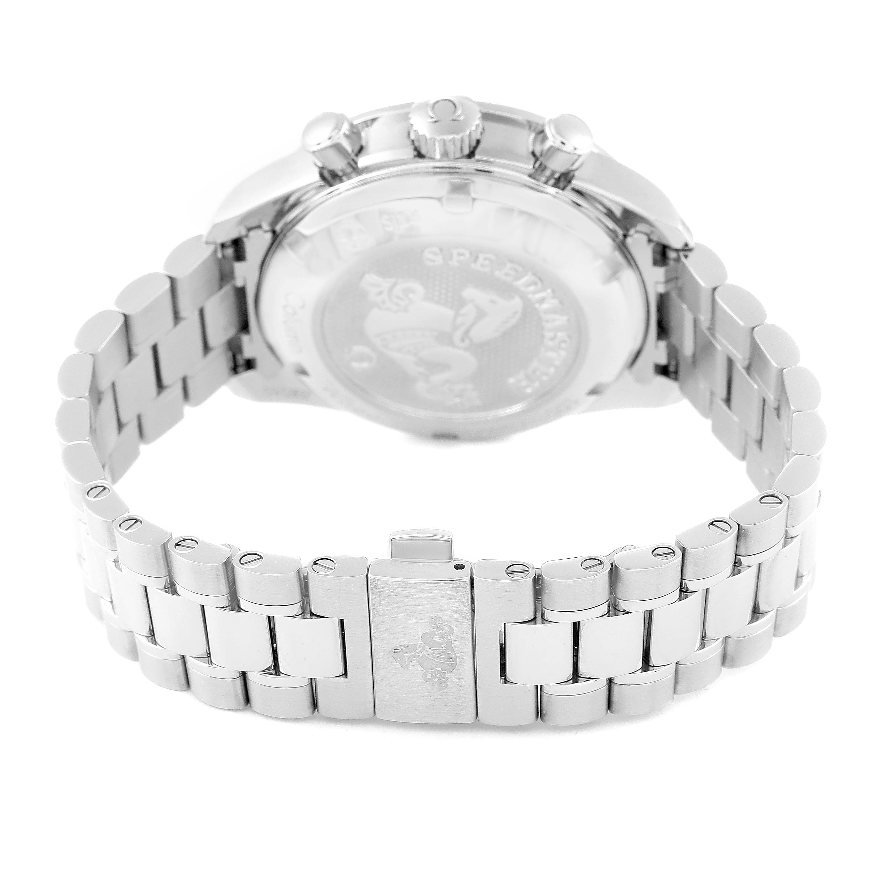 This image shows the back of an Omega Speedmaster 324.30.38.50.03.001 Men's Stainless Steel Blue Dial 324.30.38.50.03.001 Men's Stainless Steel Blue Dial watch and its metal bracelet clasp from a rear angle.