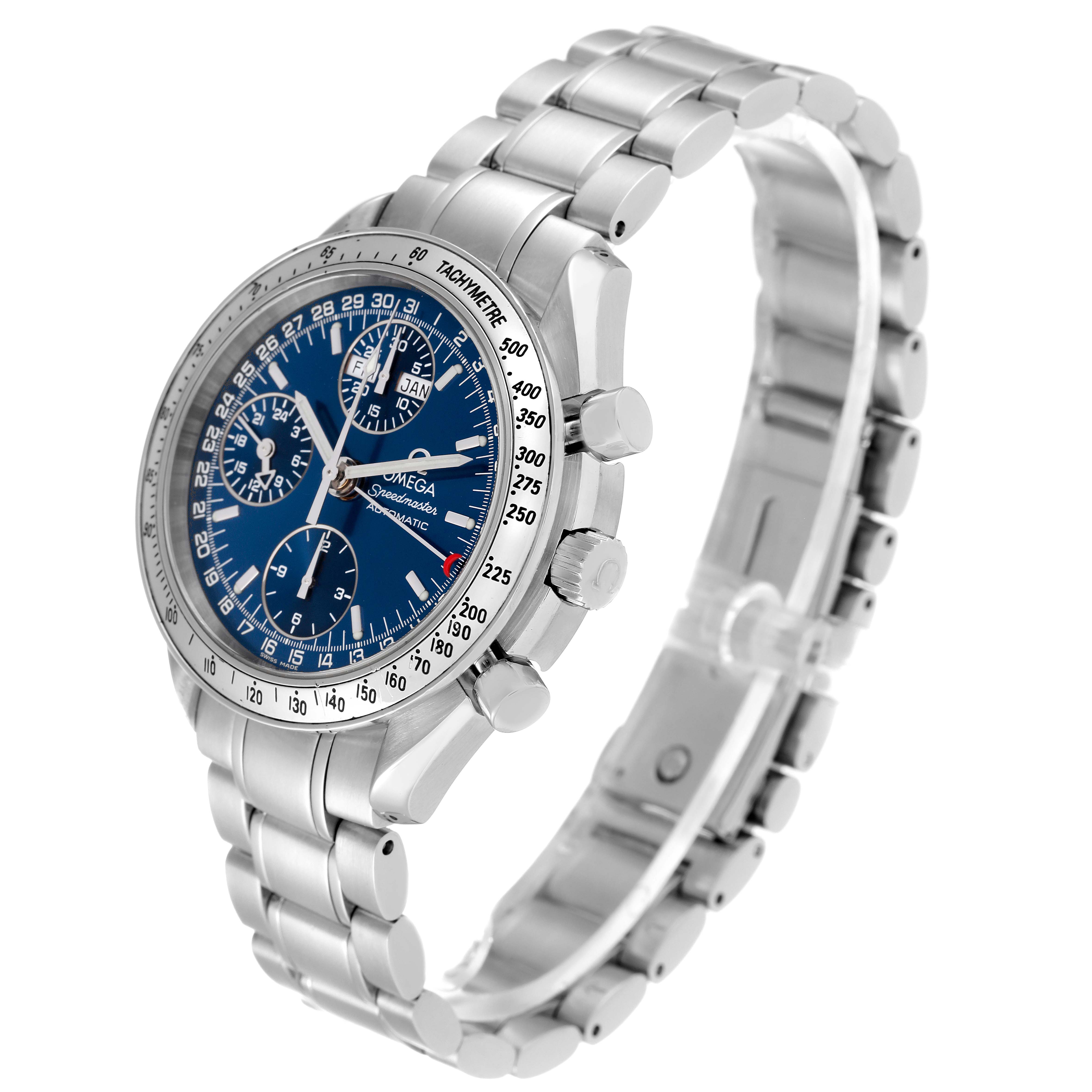 The image shows an Omega Speedmaster 3523.80.00 Men's Stainless Steel Blue Dial 3523.80.00 Men's Stainless Steel Blue Dial watch at a three-quarter angle, highlighting its blue dial, chronograph subdials, and stainless steel bracelet.
