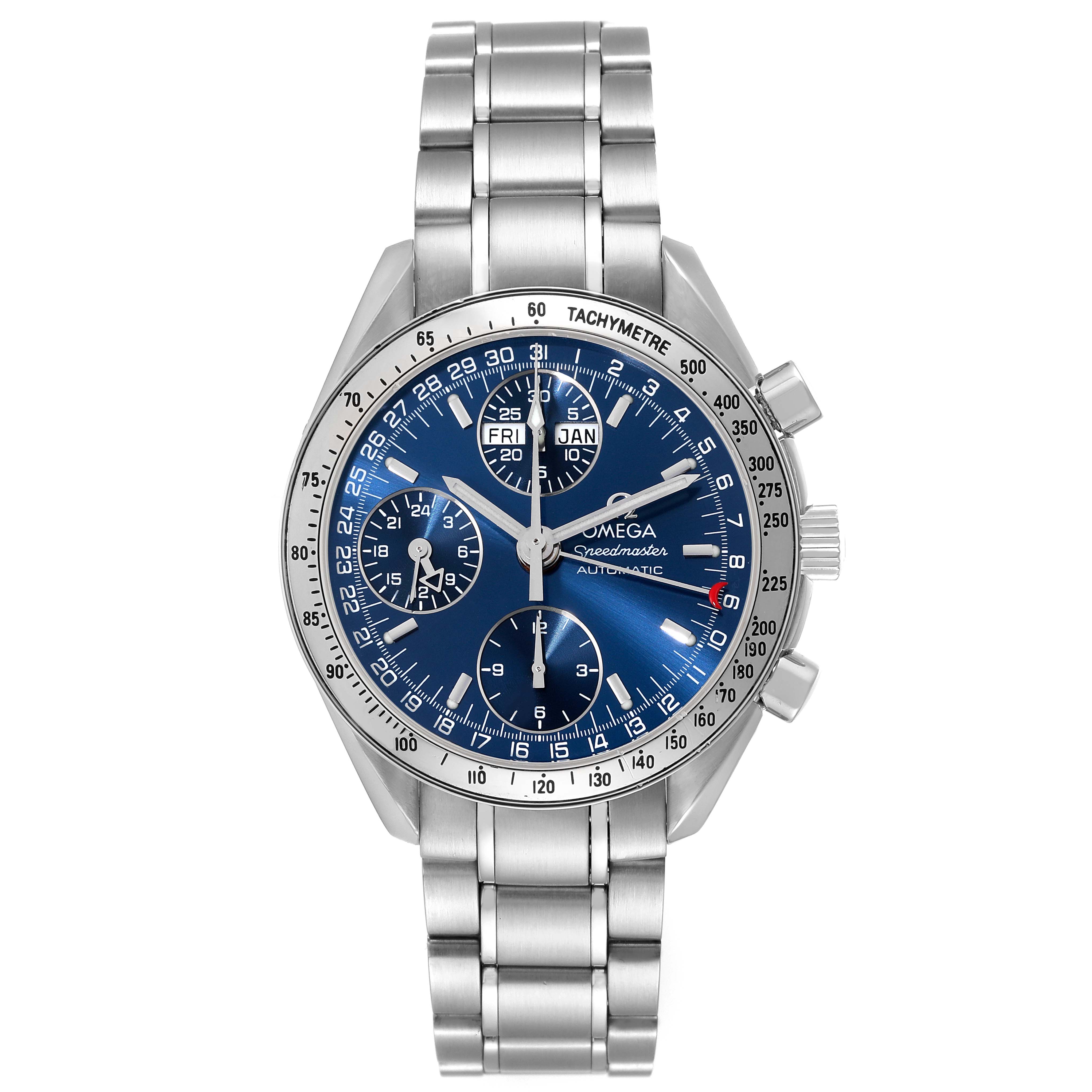 The image shows a front view of an Omega Speedmaster 3523.80.00 Men's Stainless Steel Blue Dial 3523.80.00 Men's Stainless Steel Blue Dial watch, displaying the dial, case, bracelet, and pushers.