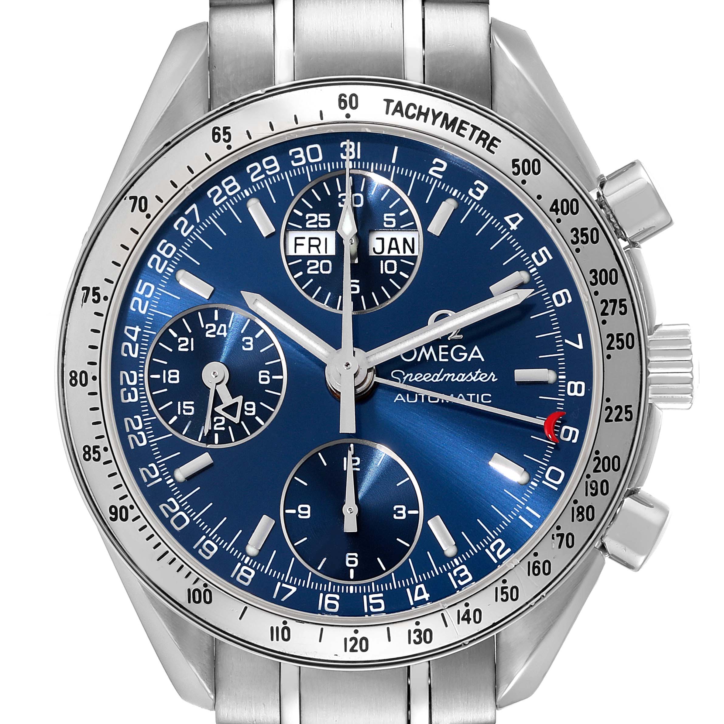 This Omega Speedmaster 3523.80.00 Men's Stainless Steel Blue Dial 3523.80.00 Men's Stainless Steel Blue Dial watch is shown from the front, displaying the dial, subdials, and part of the metal bracelet.
