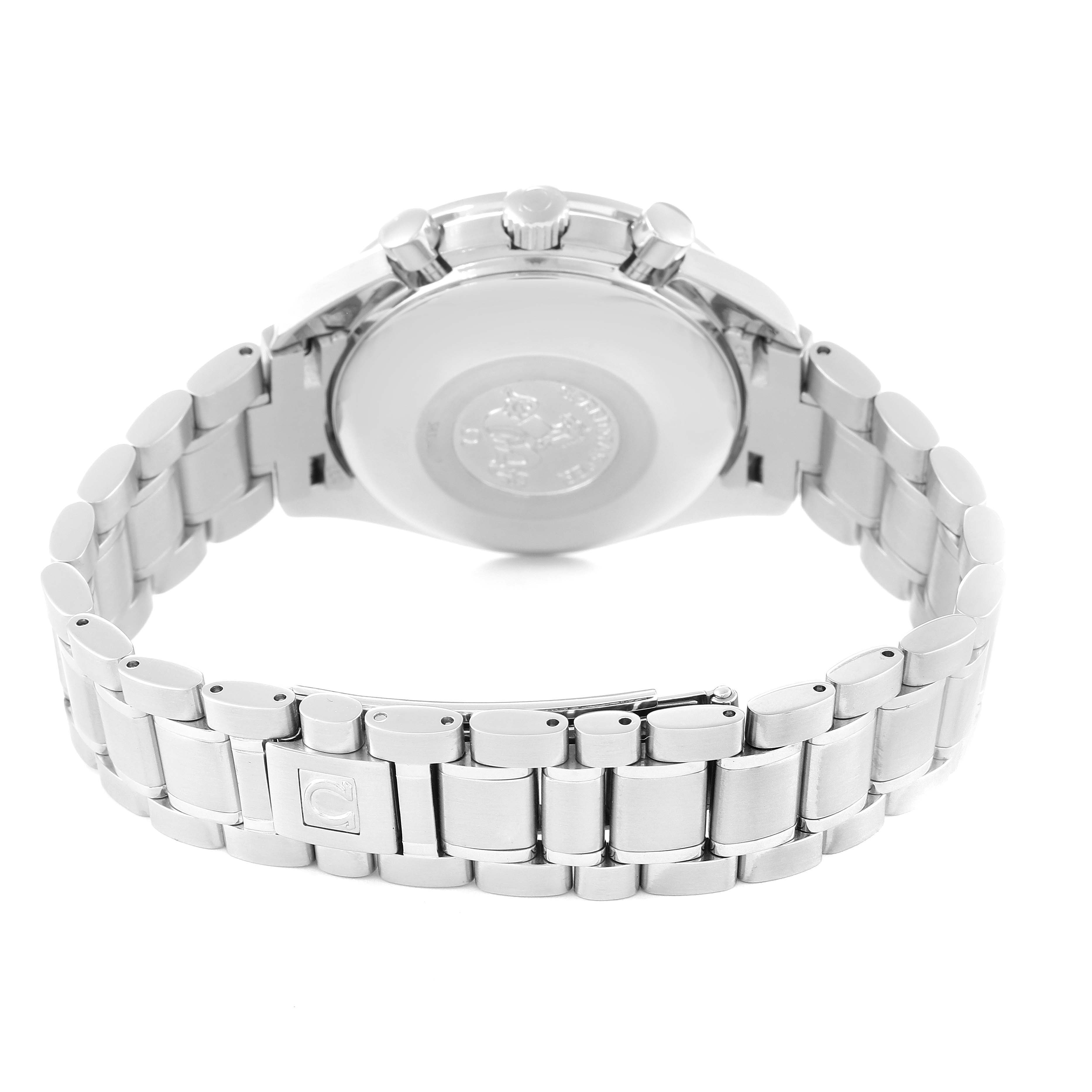 This photo shows the backside of the Omega Speedmaster 3523.80.00 Men's Stainless Steel Blue Dial 3523.80.00 Men's Stainless Steel Blue Dial watch, including its case back, crown, pushers, and metal bracelet.