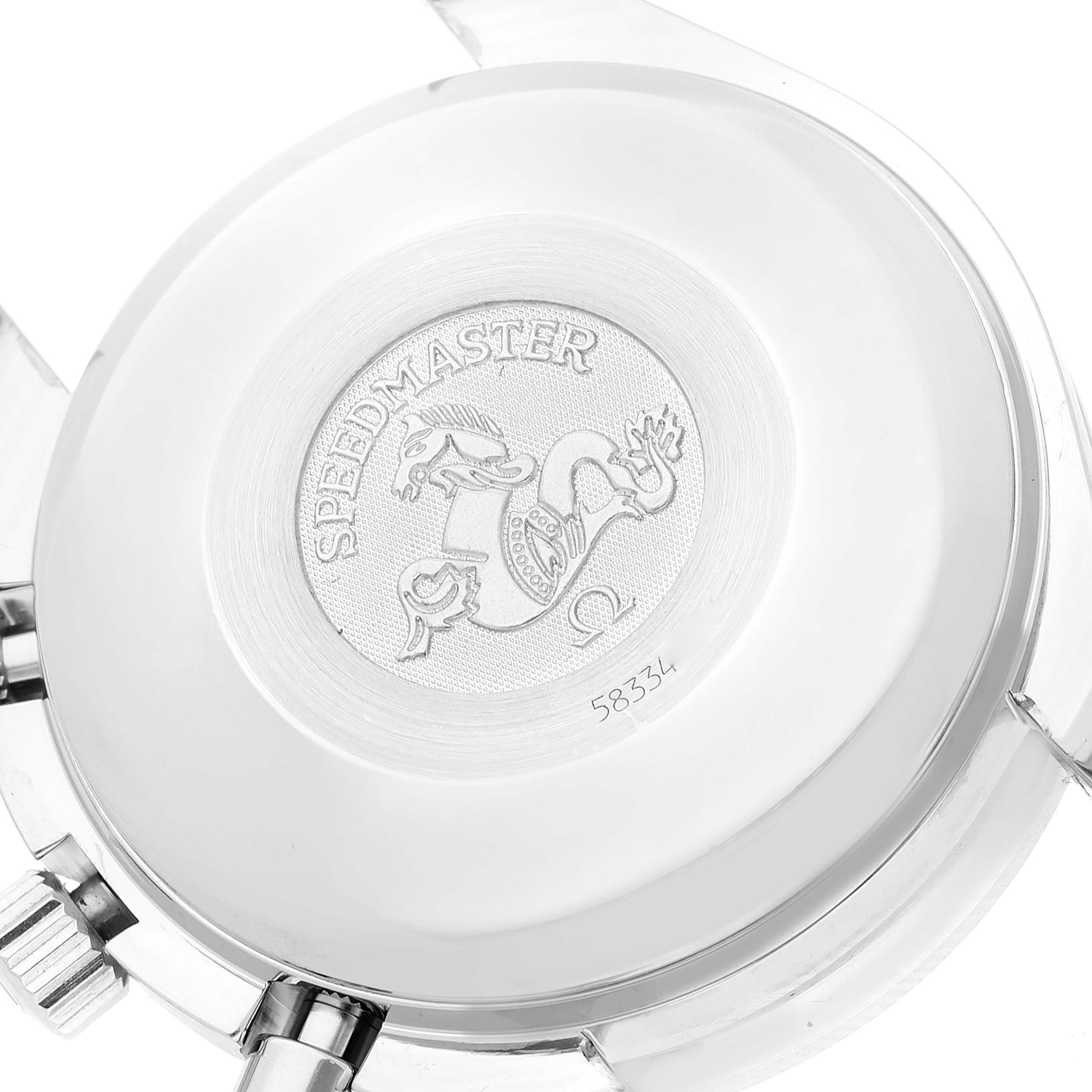 The image shows the back case of an Omega Speedmaster 3523.80.00 Men's Stainless Steel Blue Dial 3523.80.00 Men's Stainless Steel Blue Dial watch, highlighting the engraved Speedmaster logo.