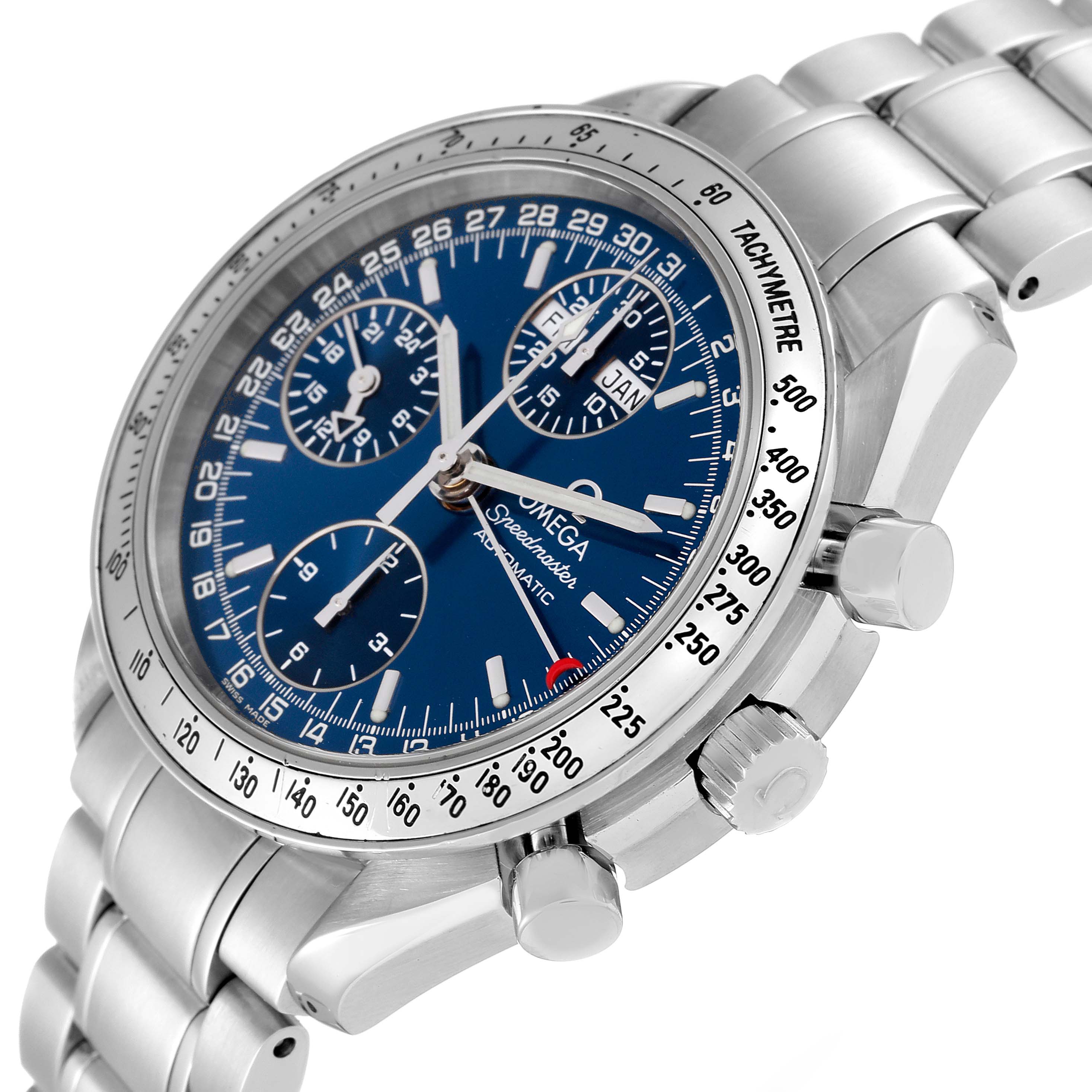 This Omega Speedmaster 3523.80.00 Men's Stainless Steel Blue Dial 3523.80.00 Men's Stainless Steel Blue Dial watch is shown at a three-quarter angle, highlighting its blue dial, subdials, tachymeter bezel, and stainless steel bracelet.