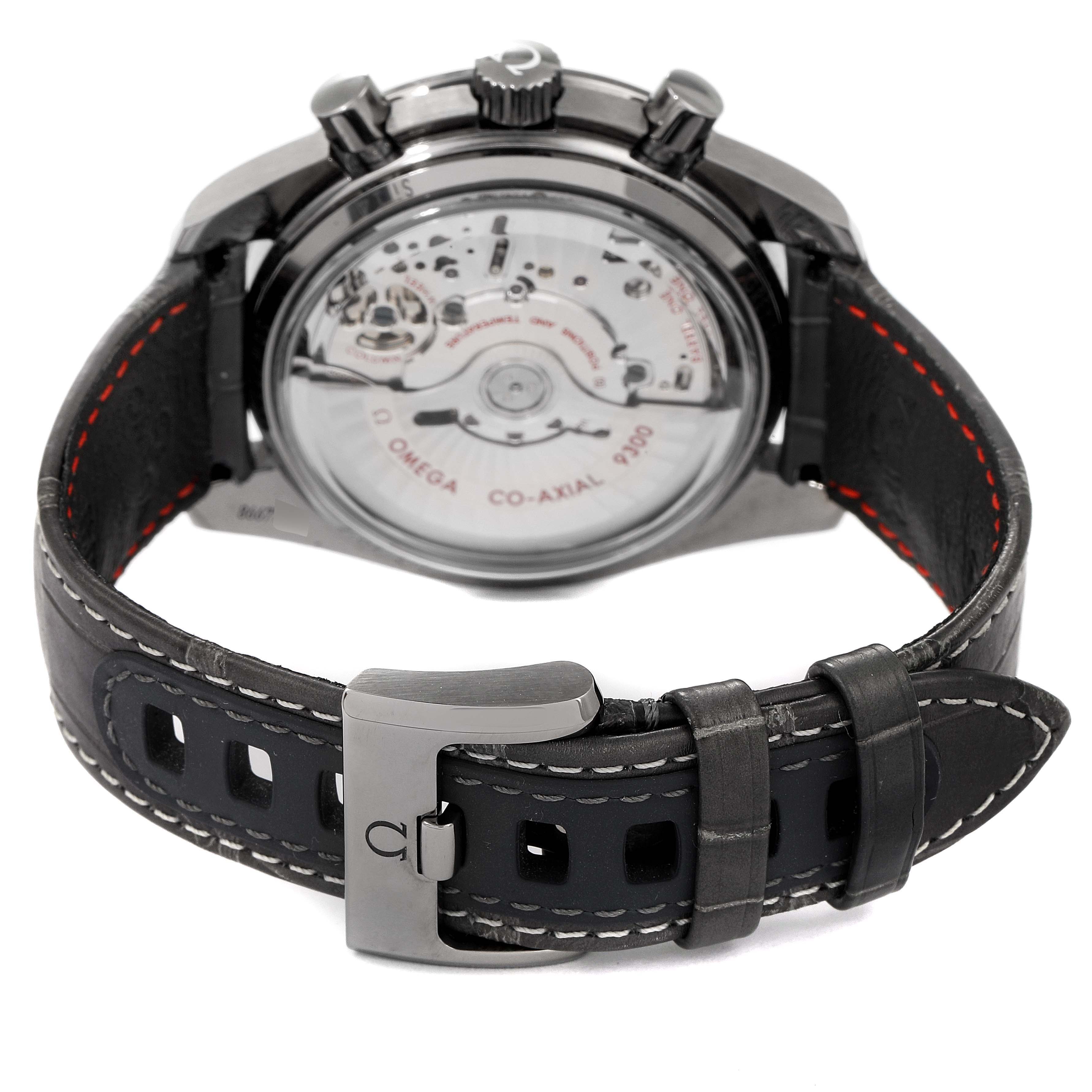 The image shows the back view of an Omega Speedmaster 311.93.44.51.99.001 Men's Ceramic Silver Dial 311.93.44.51.99.001 Men's Ceramic Silver Dial watch, highlighting its open case back and clasp.