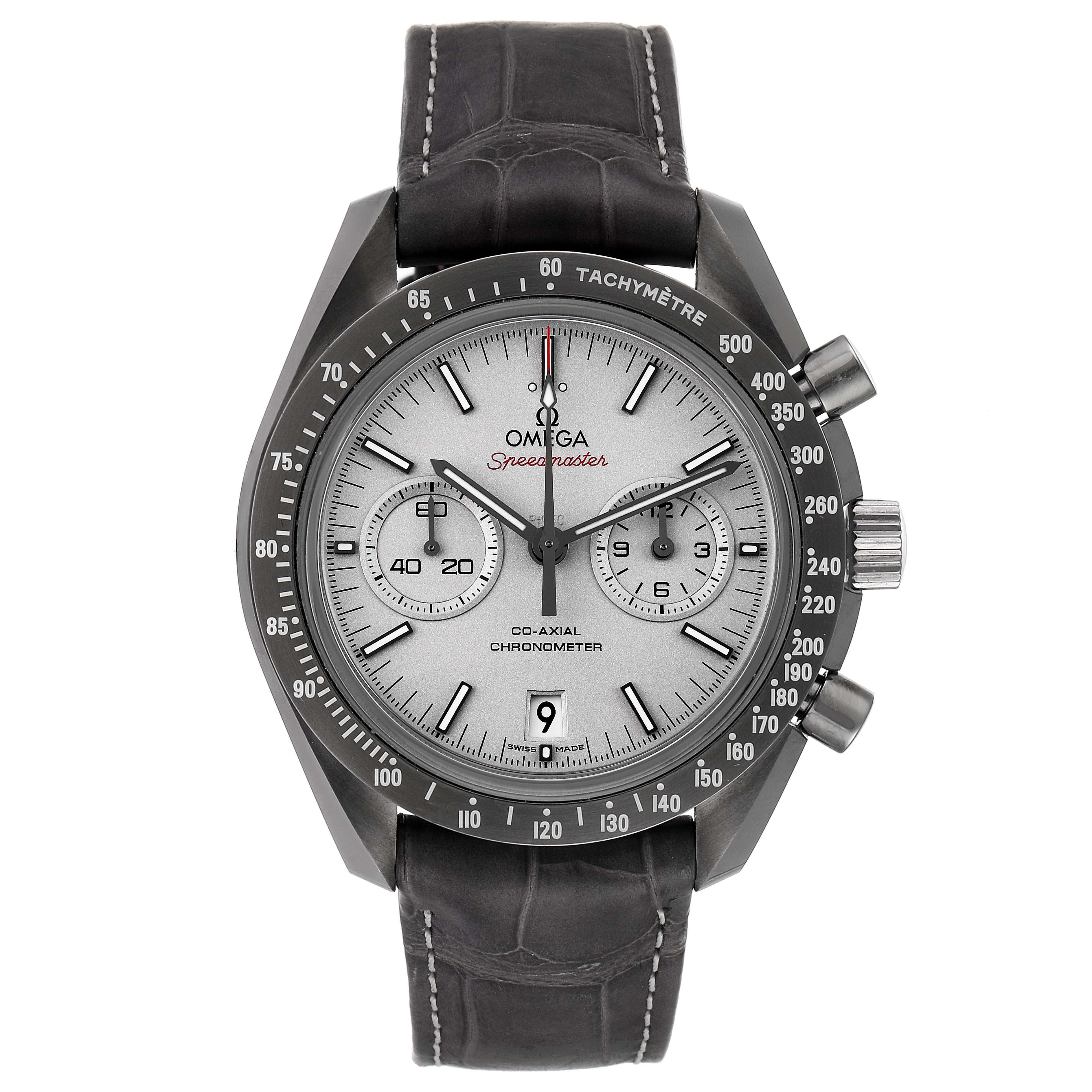 This Omega Speedmaster 311.93.44.51.99.001 Men's Ceramic Silver Dial 311.93.44.51.99.001 Men's Ceramic Silver Dial watch is shown from the front, displaying its dial, bezel, chronograph subdials, and leather strap.