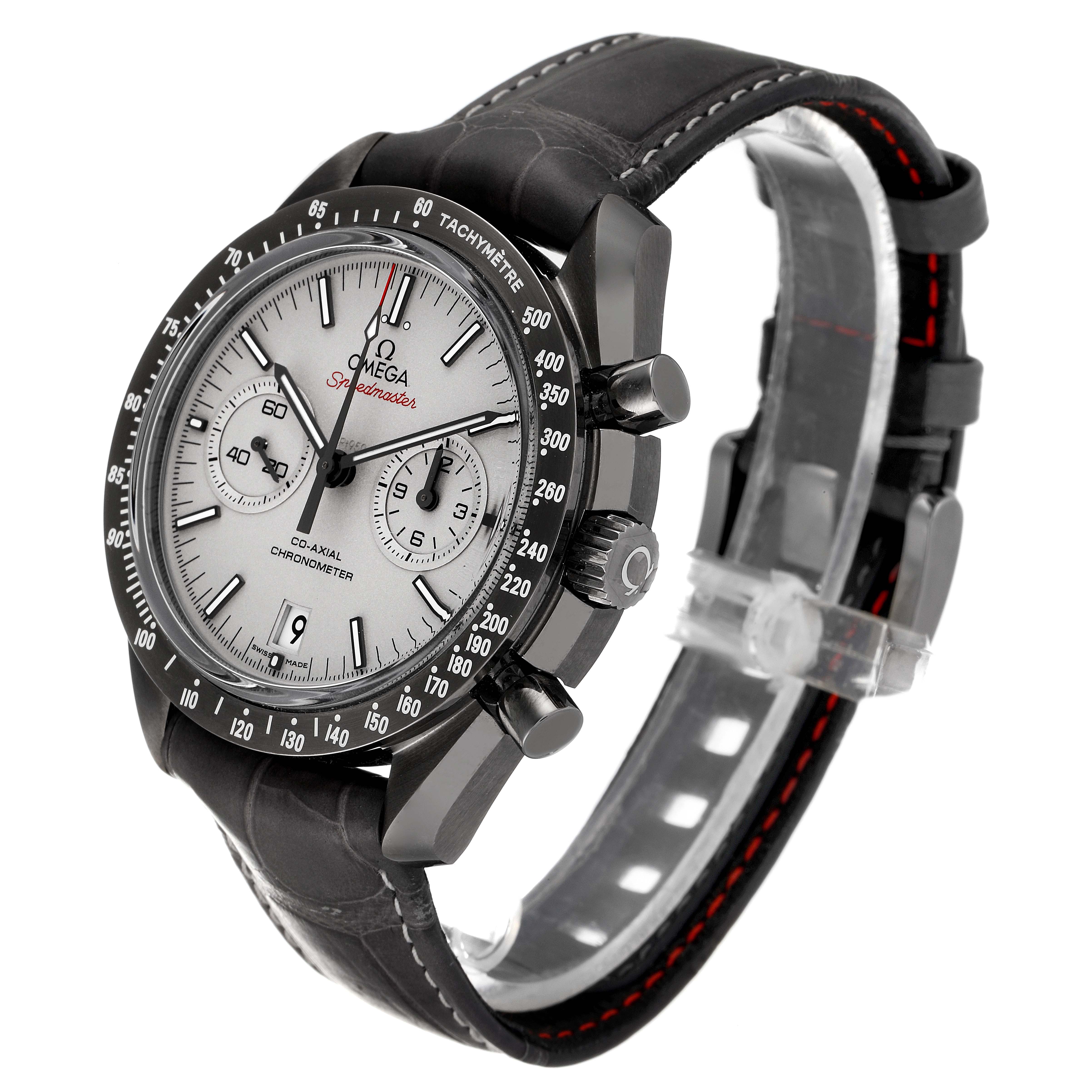 The Omega Speedmaster 311.93.44.51.99.001 Men's Ceramic Silver Dial 311.93.44.51.99.001 Men's Ceramic Silver Dial watch is shown at a slight angle, displaying the face, side buttons, and leather strap with red stitching.