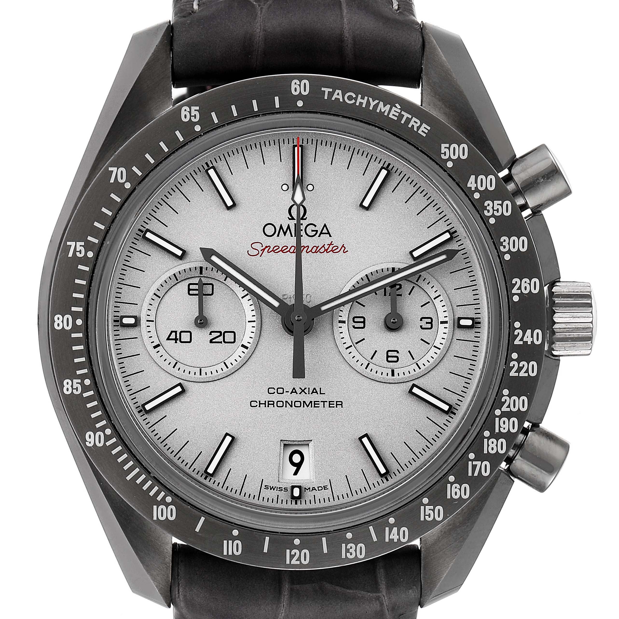 The image shows the front view of an Omega Speedmaster 311.93.44.51.99.001 Men's Ceramic Silver Dial 311.93.44.51.99.001 Men's Ceramic Silver Dial watch, highlighting its dial, tachymeter bezel, and chronograph subdials.