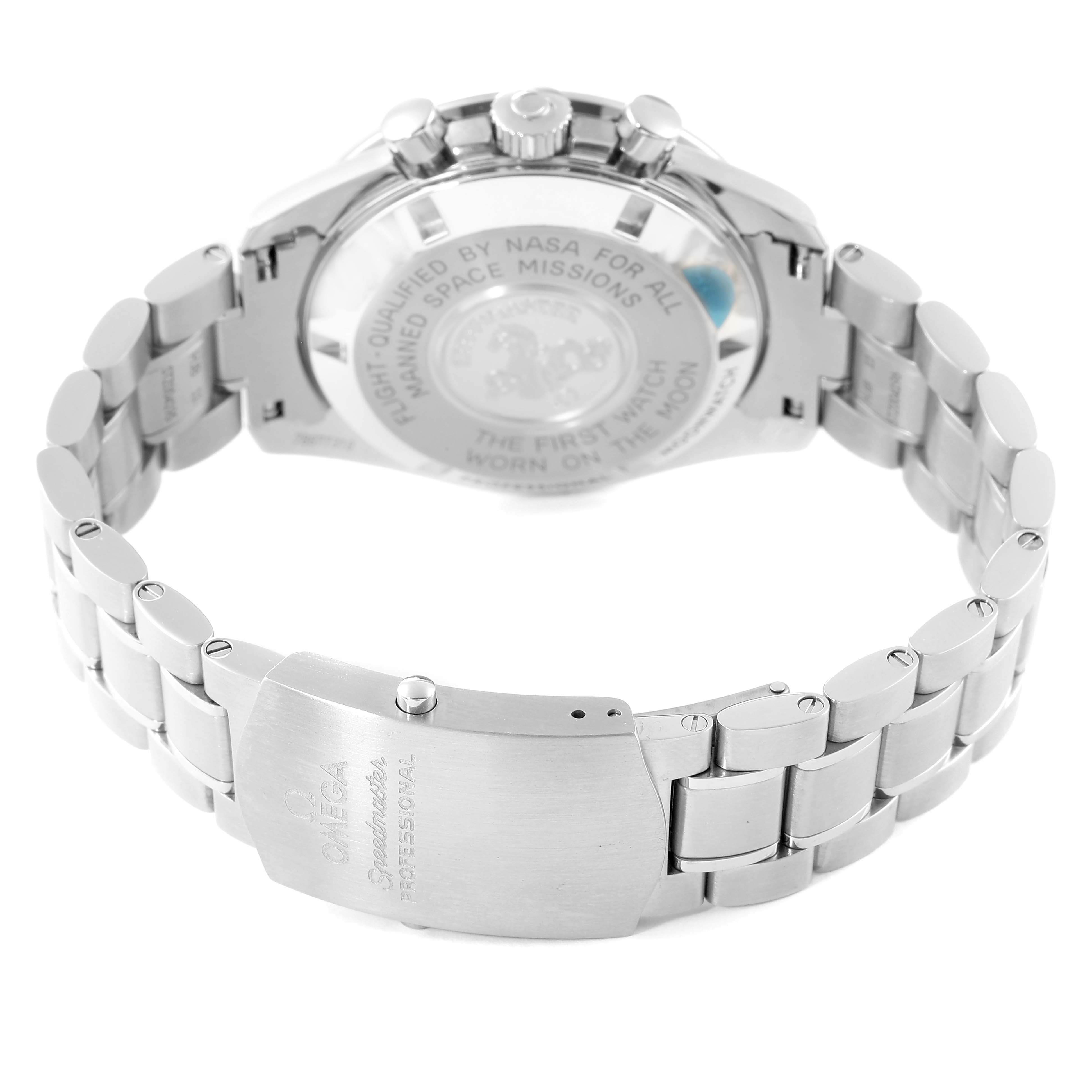 The image shows the back case and stainless steel bracelet of an Omega Speedmaster 311.30.42.30.01.005 Men's Stainless Steel Black Dial 311.30.42.30.01.005 Men's Stainless Steel Black Dial watch.