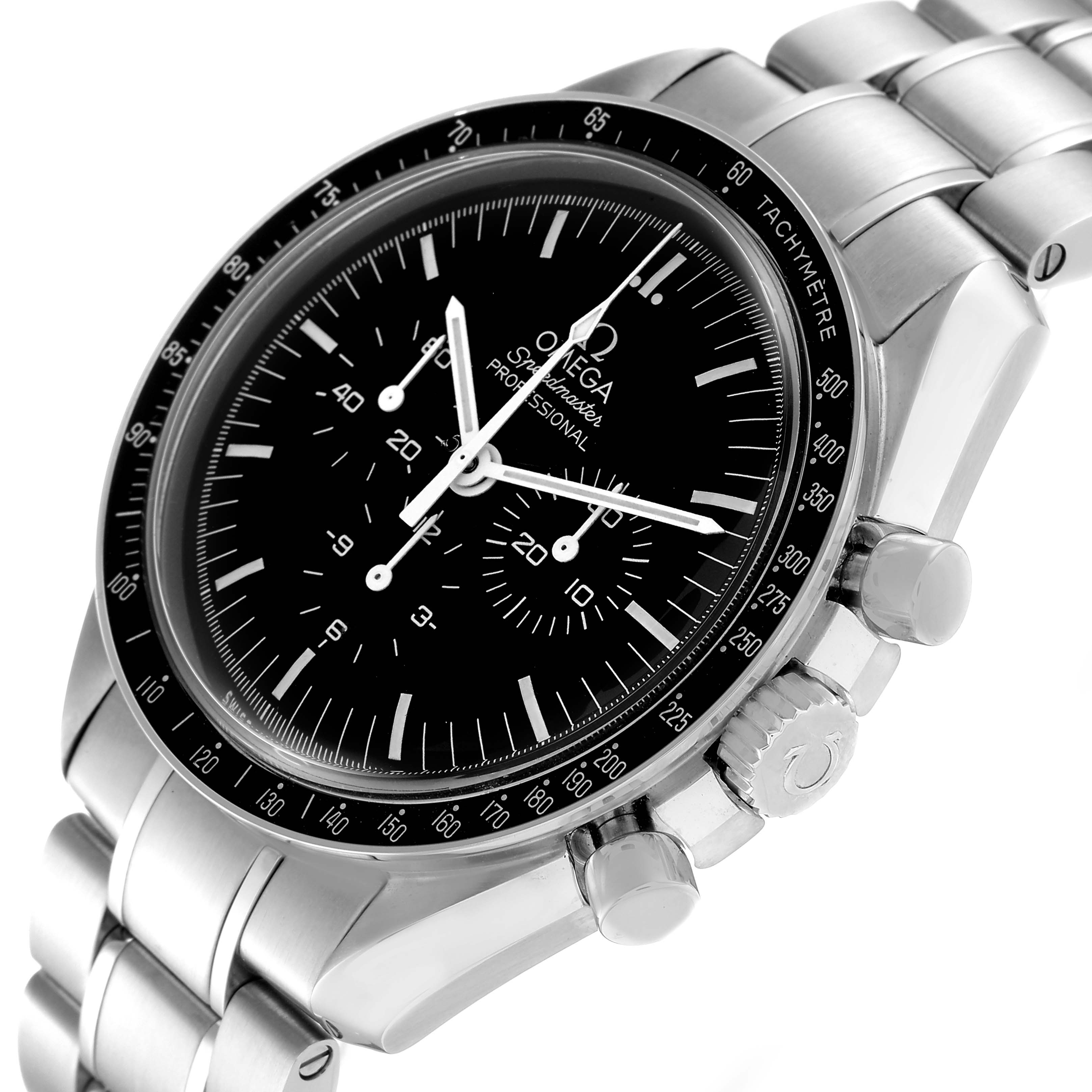 The Omega Speedmaster 311.30.42.30.01.005 Men's Stainless Steel Black Dial 311.30.42.30.01.005 Men's Stainless Steel Black Dial watch is shown at an angle highlighting the face, tachymeter bezel, chronograph dials, and stainless steel bracelet.