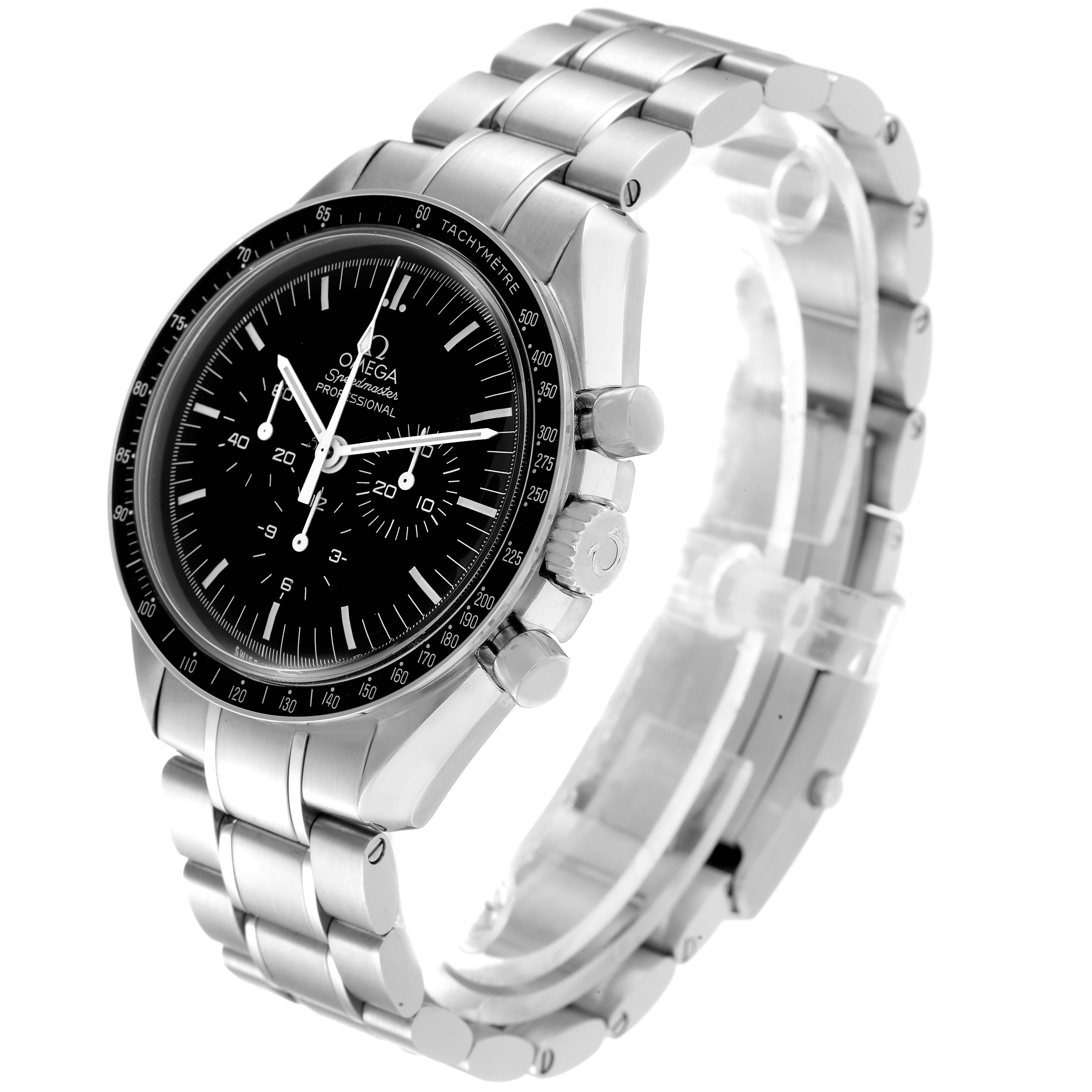 This image of an Omega Speedmaster 311.30.42.30.01.005 Men's Stainless Steel Black Dial 311.30.42.30.01.005 Men's Stainless Steel Black Dial watch shows a three-quarter angle, highlighting the face, bezel, crown, pushers, and bracelet.