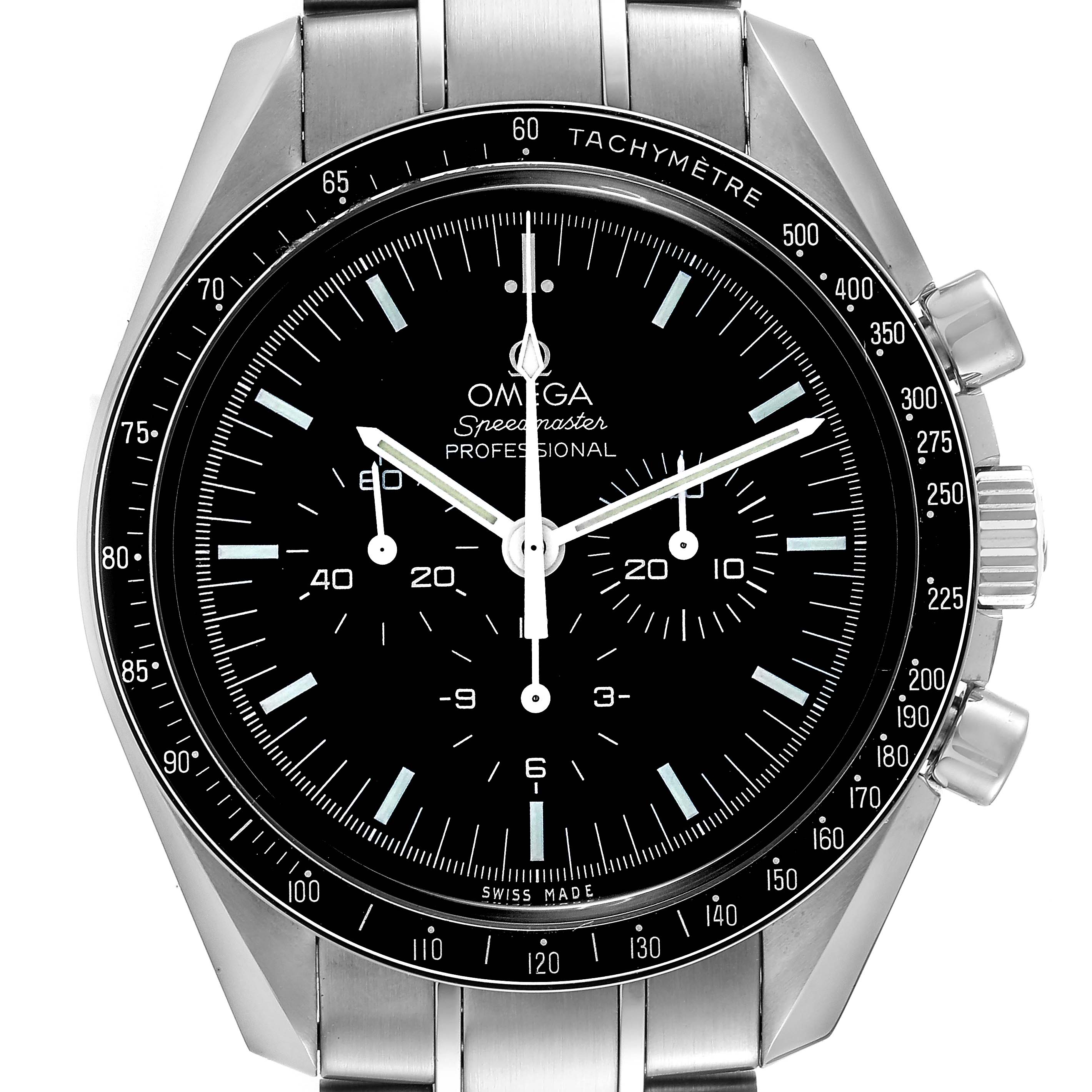 This image shows a frontal view of the Omega Speedmaster 311.30.42.30.01.005 Men's Stainless Steel Black Dial 311.30.42.30.01.005 Men's Stainless Steel Black Dial watch, highlighting the dial and tachymeter bezel.
