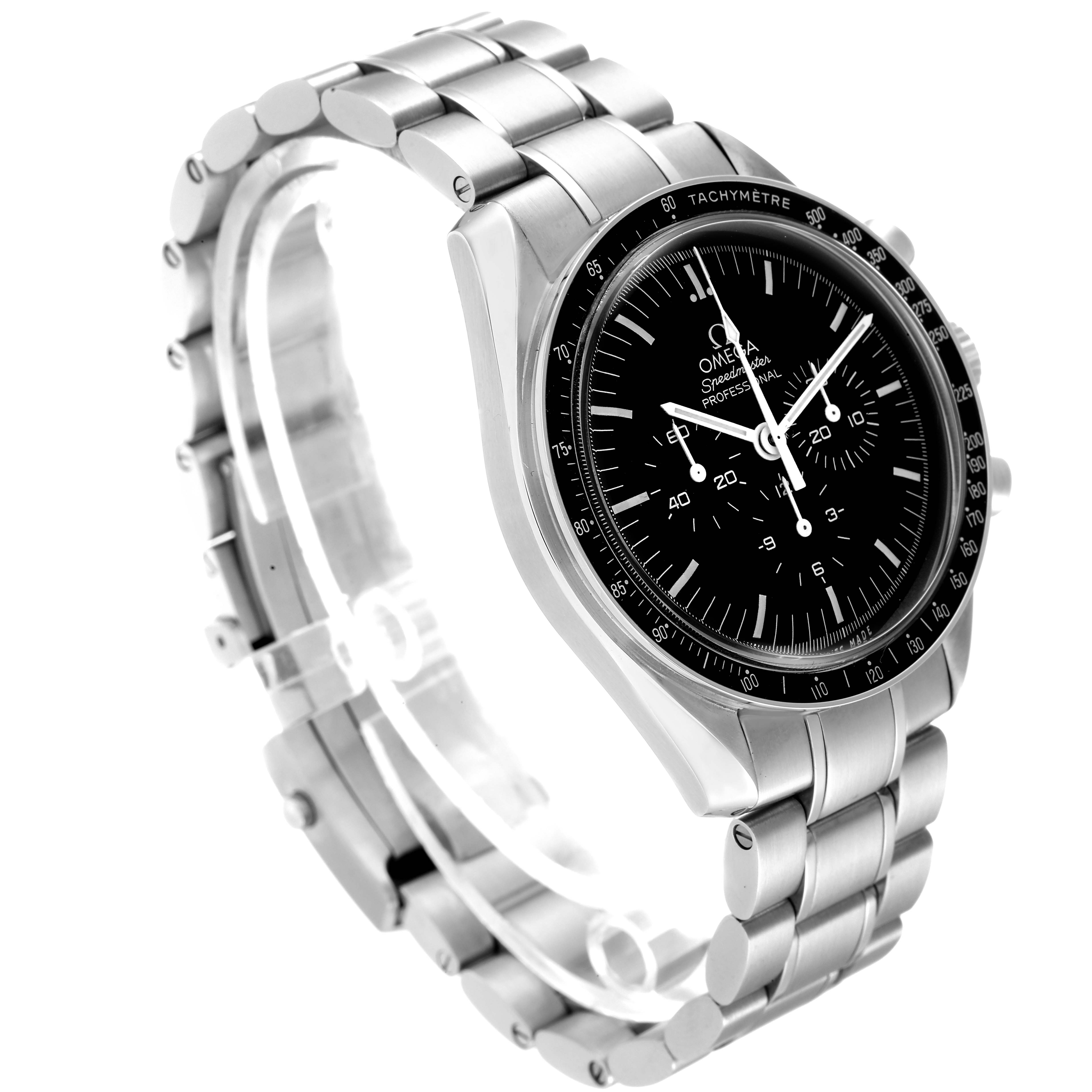 The Omega Speedmaster 311.30.42.30.01.005 Men's Stainless Steel Black Dial 311.30.42.30.01.005 Men's Stainless Steel Black Dial watch is shown from a three-quarter angle, highlighting its stainless steel bracelet and black tachymeter bezel.