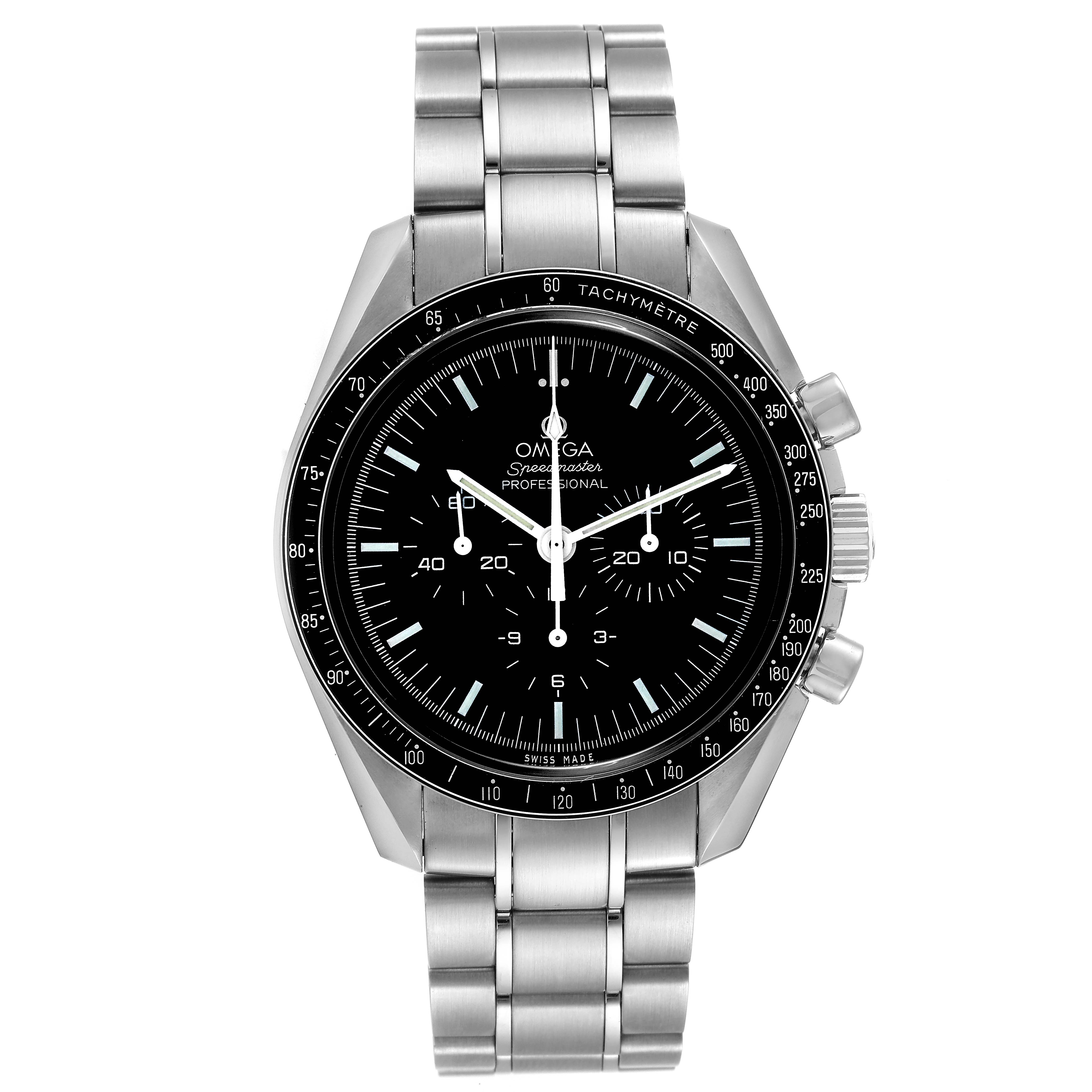 This image shows a frontal view of an Omega Speedmaster 311.30.42.30.01.005 Men's Stainless Steel Black Dial 311.30.42.30.01.005 Men's Stainless Steel Black Dial Professional watch, displaying its black dial, tachymeter bezel, and stainless steel bracelet.