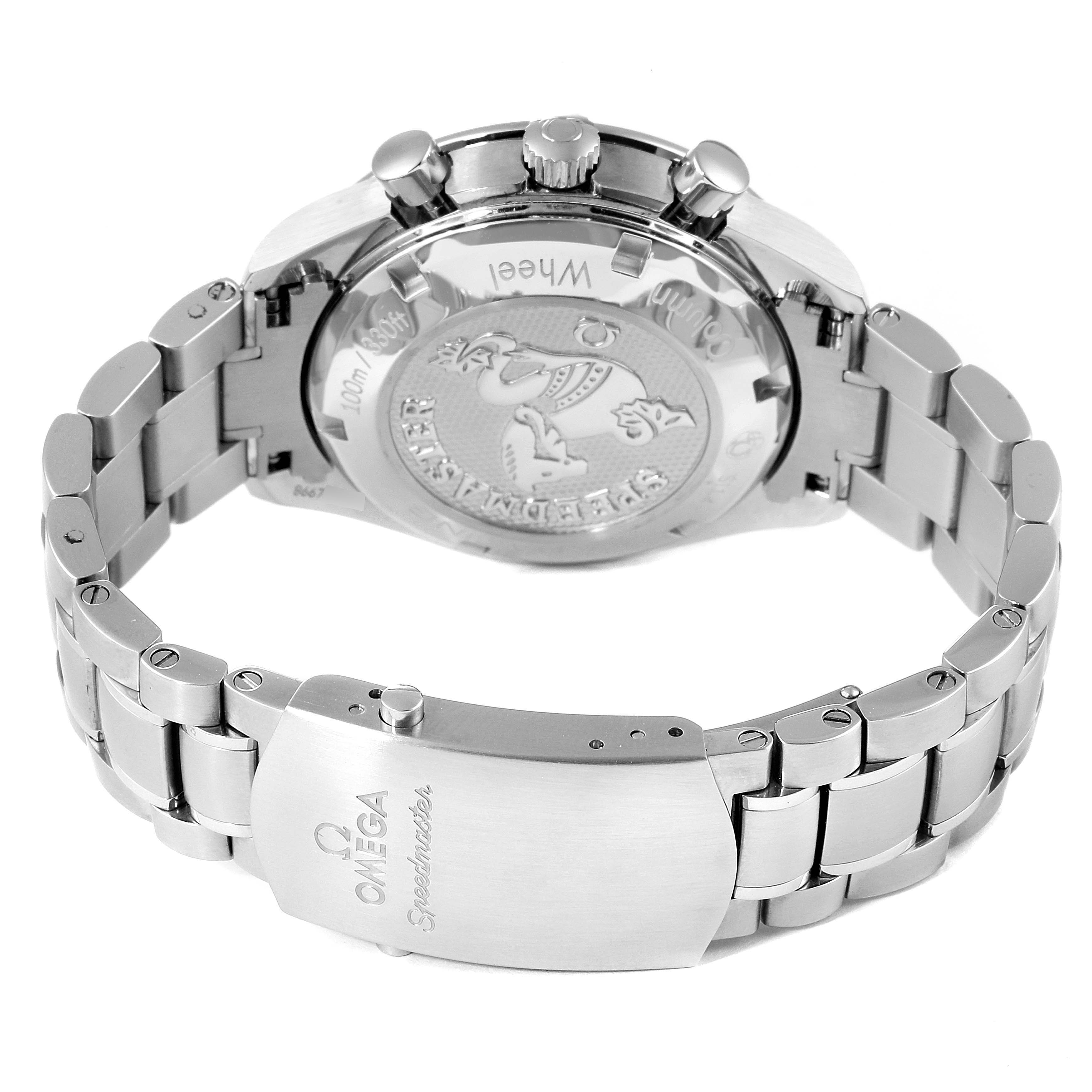 This image shows the back view of an Omega Speedmaster 326.30.40.50.11.001 Men's Stainless Steel Red Dial 326.30.40.50.11.001 Men's Stainless Steel Red Dial watch, focusing on its stainless steel bracelet and engraved case back.