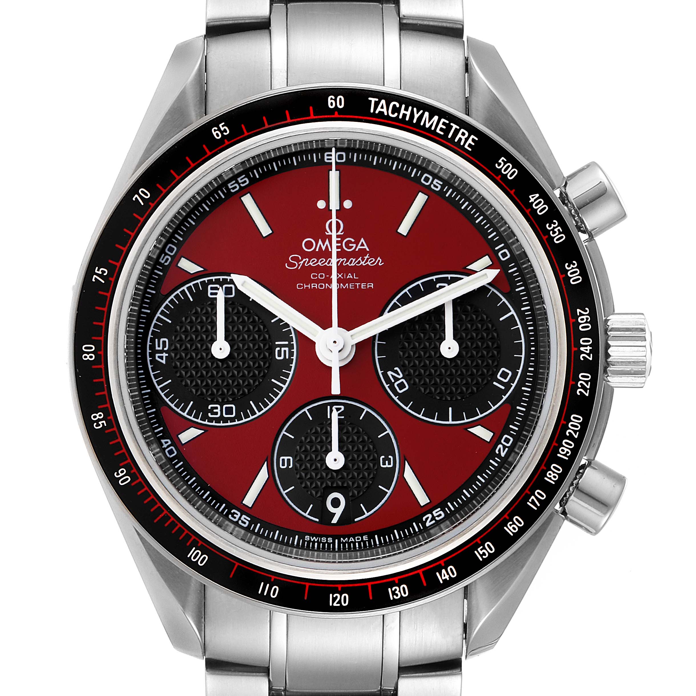 The Omega Speedmaster 326.30.40.50.11.001 Men's Stainless Steel Red Dial 326.30.40.50.11.001 Men's Stainless Steel Red Dial watch is shown from the front, highlighting its red dial, tachymeter bezel, and stainless steel bracelet.