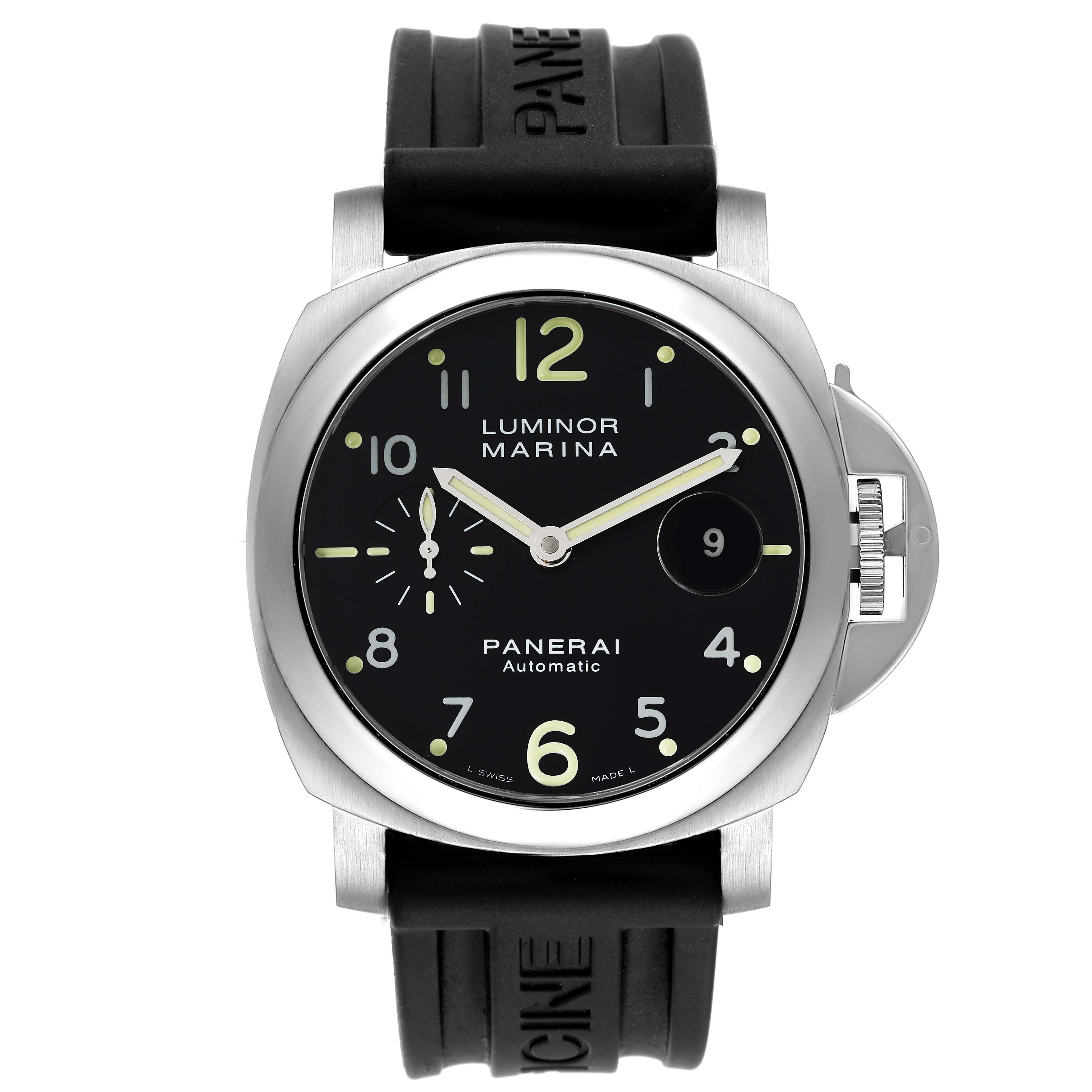 This image shows a front view of a Panerai Luminor PAM00164 Men
s Stainless Steel Black Dial PAM00164 Men
s Stainless Steel Black Dial Marina watch, featuring its face, strap, and crown guard.