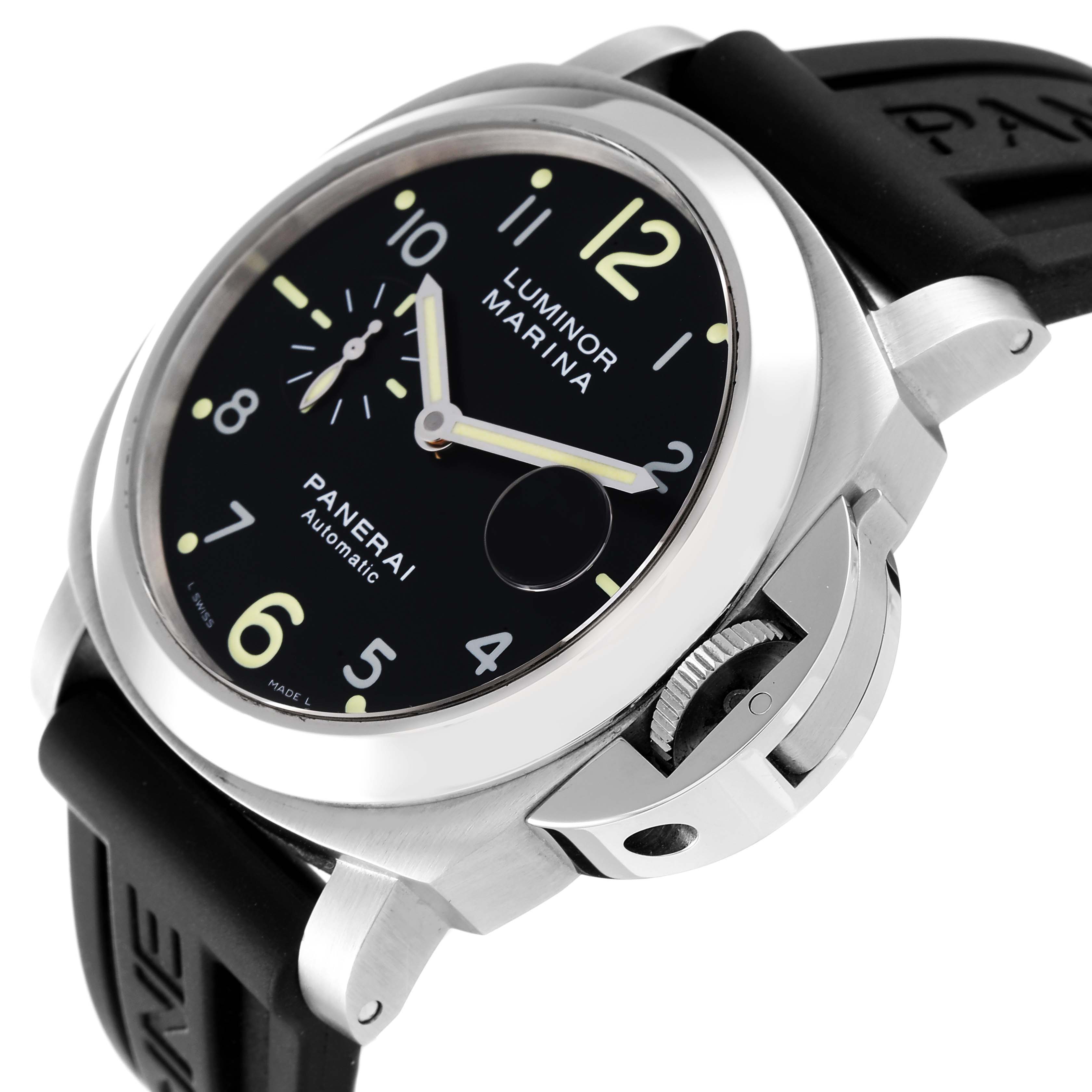 The image shows a Panerai Luminor PAM00164 Men
s Stainless Steel Black Dial PAM00164 Men
s Stainless Steel Black Dial Marina watch from a slightly angled side view, highlighting the dial, crown guard, and rubber strap.